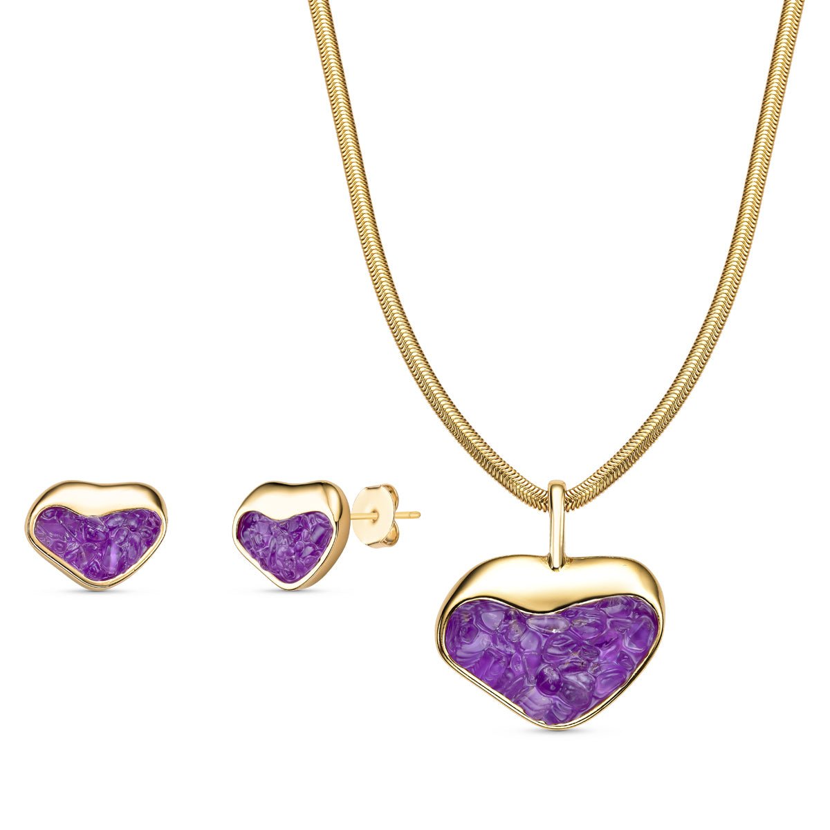 Heart Shaped Gold Plated Necklace & Earring Set w/ Natural Gemstone Fragments - Brazil GemsBrazil GemsHeart Shaped Gold Plated Necklace & Earring Set w/ Natural Gemstone FragmentsNecklace & Earring Set14GP1725 - 103