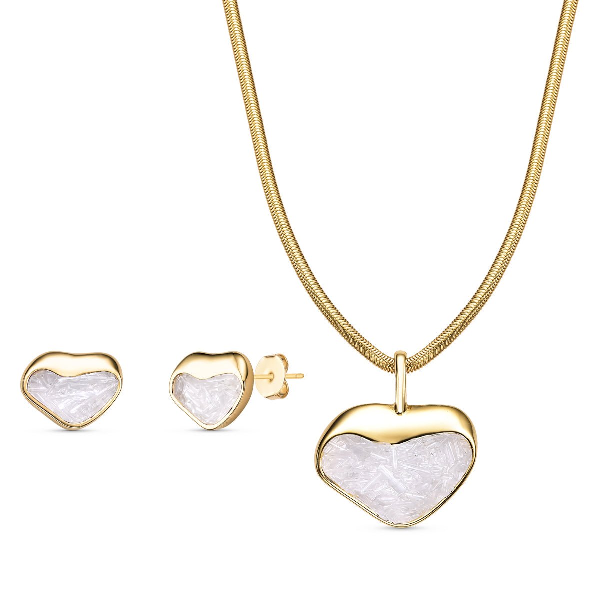 Heart Shaped Gold Plated Necklace & Earring Set w/ Natural Gemstone Fragments - Brazil GemsBrazil GemsHeart Shaped Gold Plated Necklace & Earring Set w/ Natural Gemstone FragmentsNecklace & Earring Set14GP1725 - 127