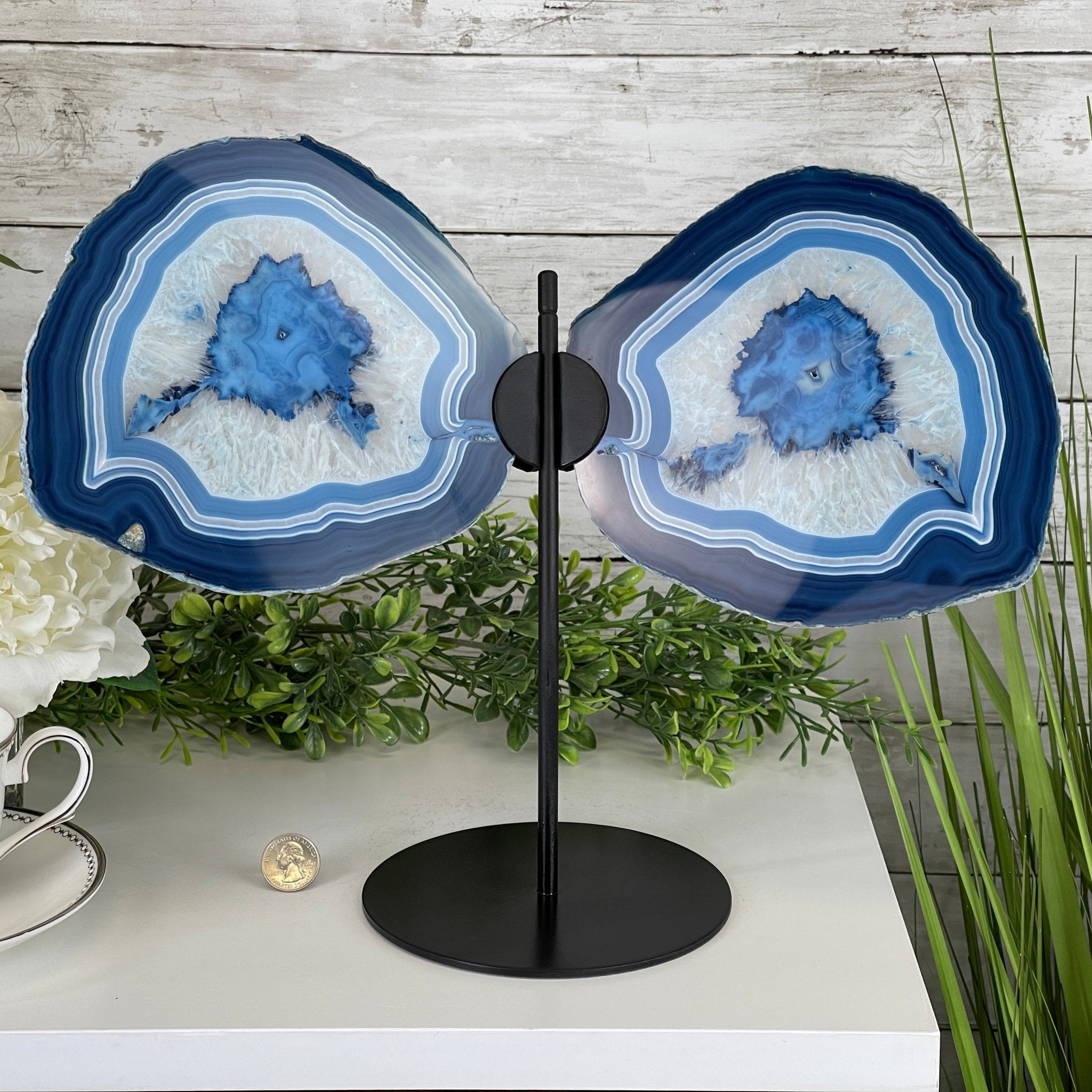 Large Dyed Blue Brazilian Agate "Butterfly Wings", Metal Stand, 12" Tall, Model #5050BL-0045 by Brazil Gems - Brazil GemsBrazil GemsLarge Dyed Blue Brazilian Agate "Butterfly Wings", Metal Stand, 12" Tall, Model #5050BL-0045 by Brazil GemsAgate Butterfly Wings5050BL-0045