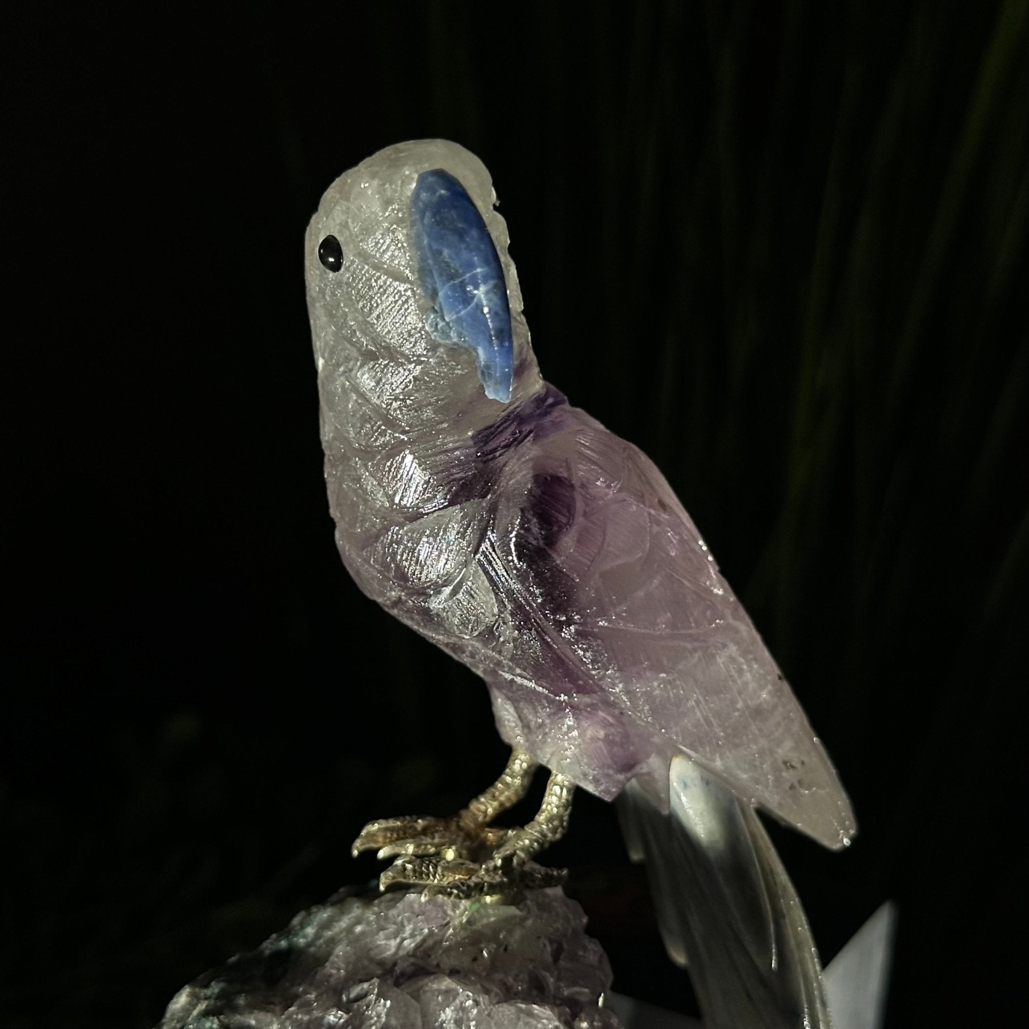 Large Hand - Carved Amethyst Parrot 7.5" Long on an Amethyst Cluster, #3004 - AMPAM - 011 - Brazil GemsBrazil GemsLarge Hand - Carved Amethyst Parrot 7.5" Long on an Amethyst Cluster, #3004 - AMPAM - 011Crystal Birds3004 - AMPAM - 011