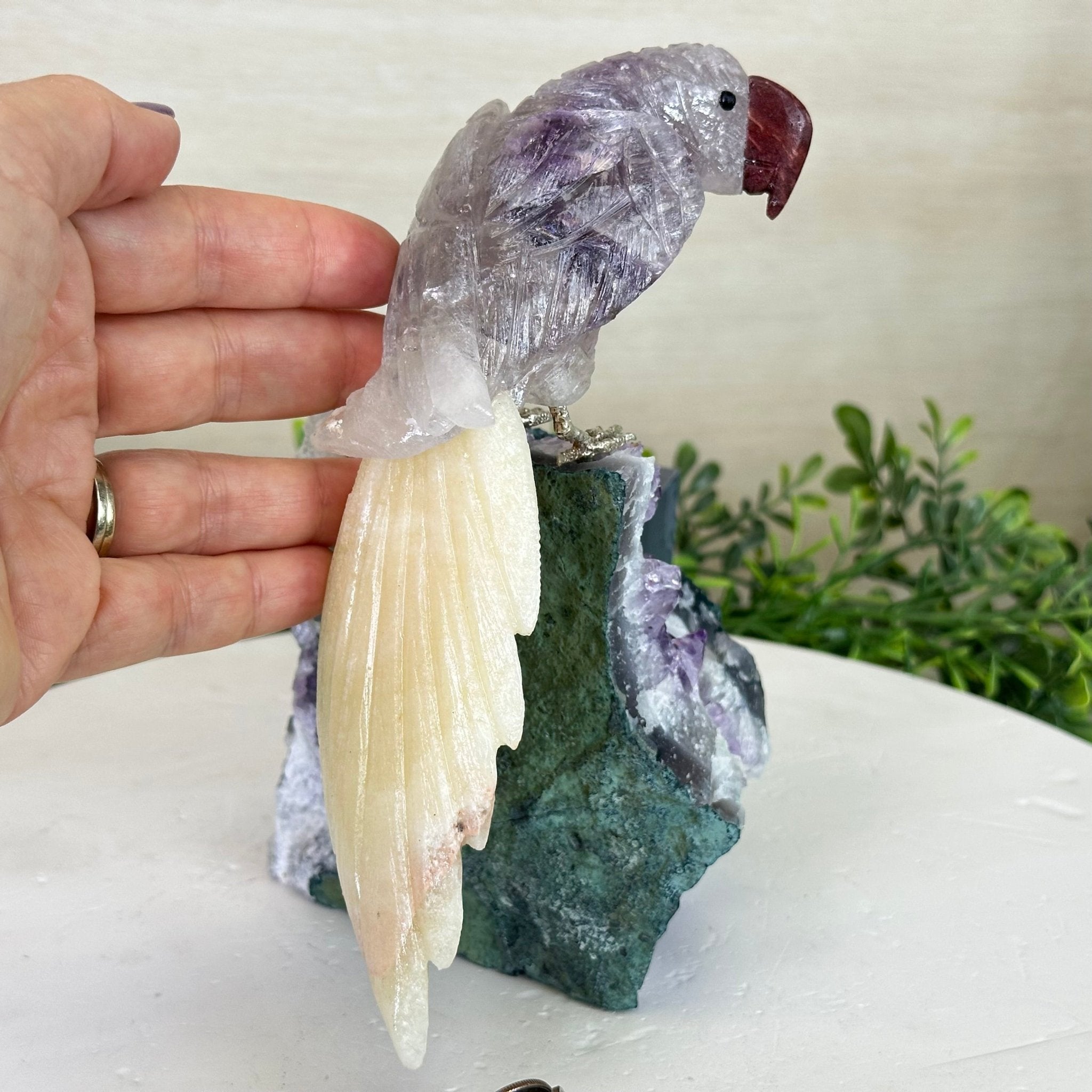 Large Hand - Carved Amethyst Parrot 8.2" Long on an Amethyst Cluster, #3004 - AMPAM - 009 - Brazil GemsBrazil GemsLarge Hand - Carved Amethyst Parrot 8.2" Long on an Amethyst Cluster, #3004 - AMPAM - 009Crystal Birds3004 - AMPAM - 009