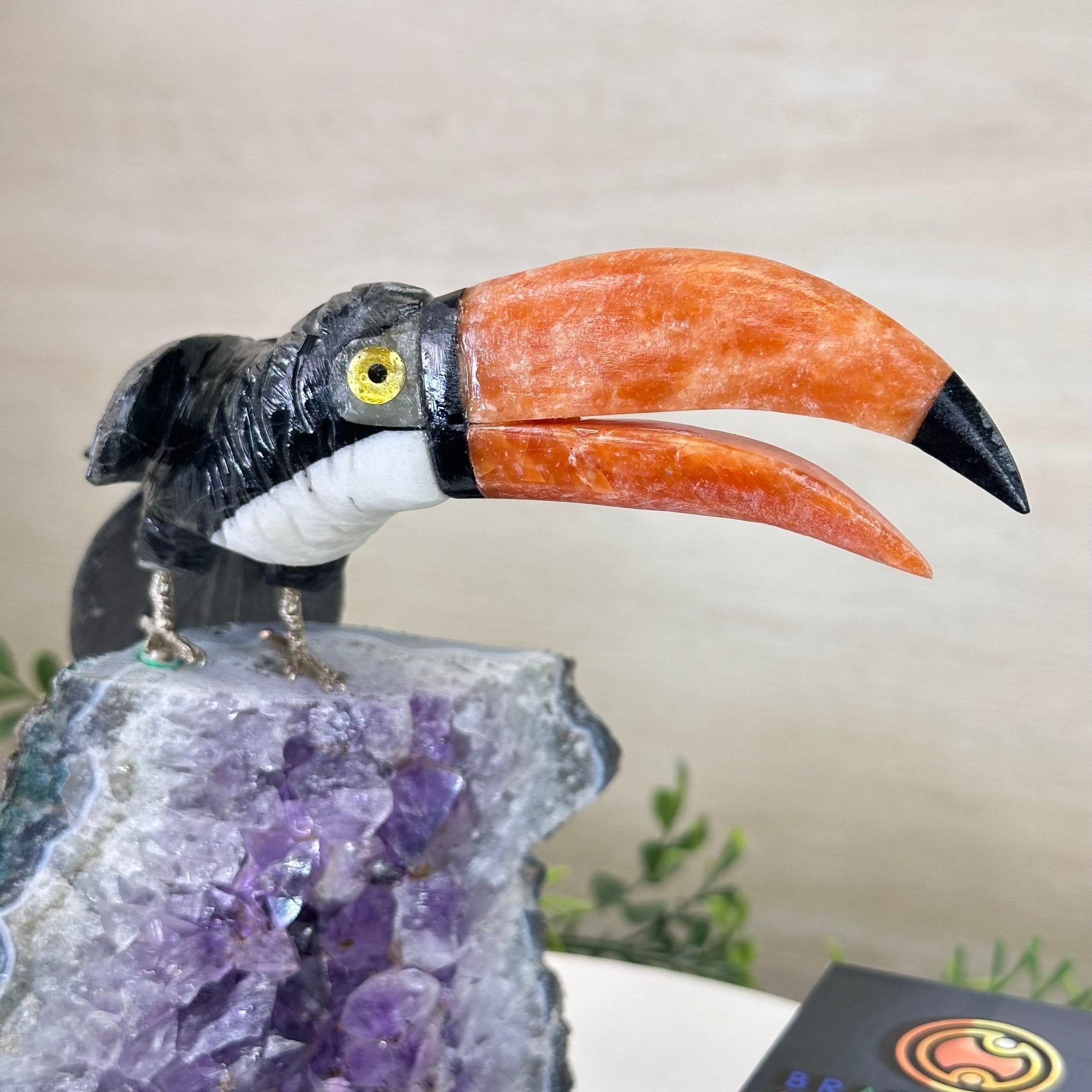 Large Hand - Carved Black Onyx Toucan Bird on an Amethyst Base, 8.1" Tall #3004 - BOTAM - 051 - Brazil GemsBrazil GemsLarge Hand - Carved Black Onyx Toucan Bird on an Amethyst Base, 8.1" Tall #3004 - BOTAM - 051Crystal Birds3004 - BOTAM - 051