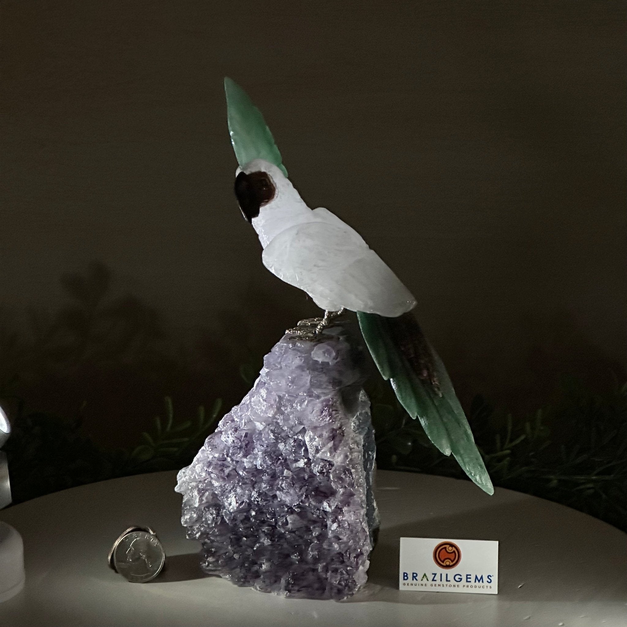 Large Hand - Carved Clear Quartz Cockatoo 8.9" Long on an Amethyst Cluster #3004 - CQCAM - 034 - Brazil GemsBrazil GemsLarge Hand - Carved Clear Quartz Cockatoo 8.9" Long on an Amethyst Cluster #3004 - CQCAM - 034Crystal Birds3004 - CQCAM - 034