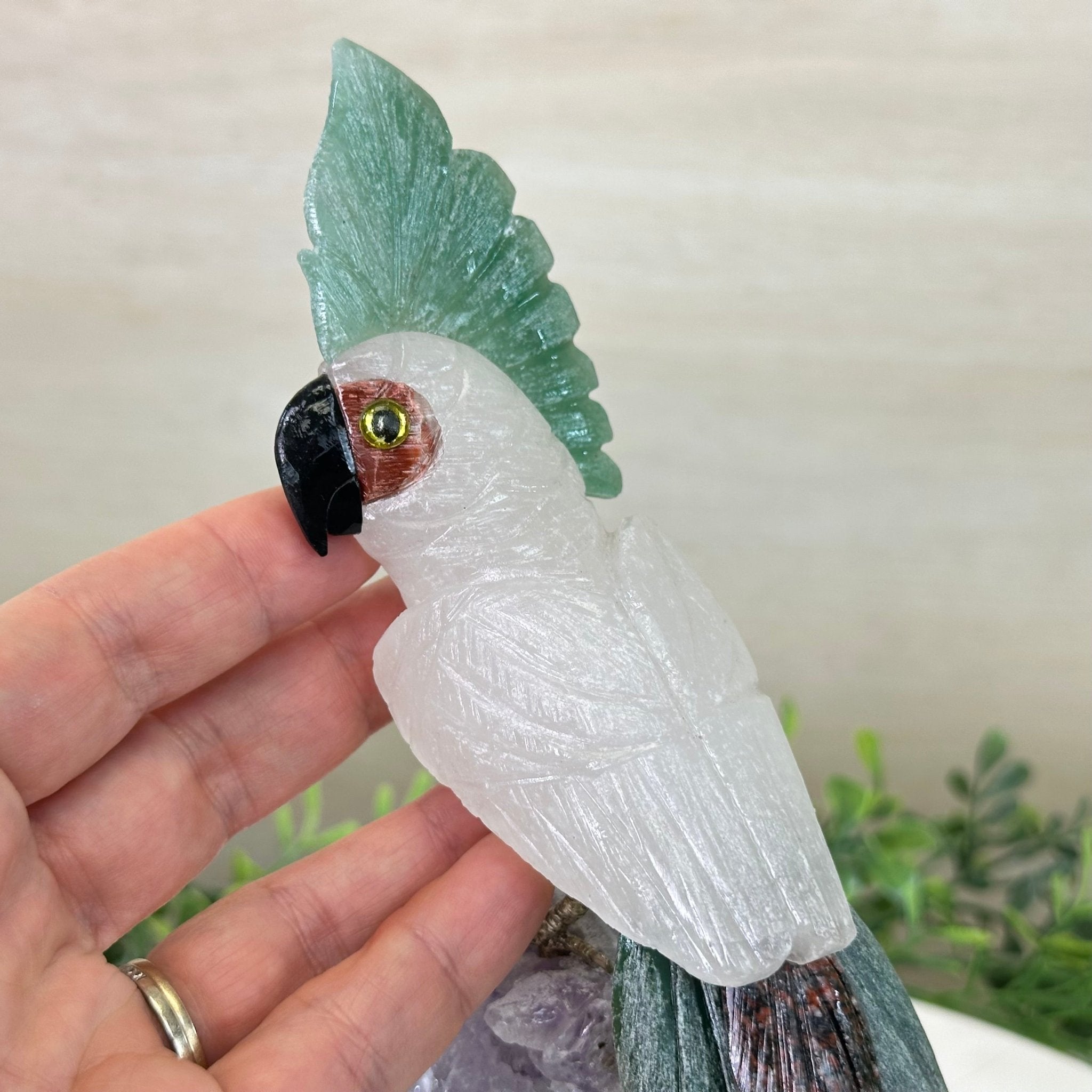 Large Hand - Carved Clear Quartz Cockatoo 8.9" Long on an Amethyst Cluster #3004 - CQCAM - 034 - Brazil GemsBrazil GemsLarge Hand - Carved Clear Quartz Cockatoo 8.9" Long on an Amethyst Cluster #3004 - CQCAM - 034Crystal Birds3004 - CQCAM - 034