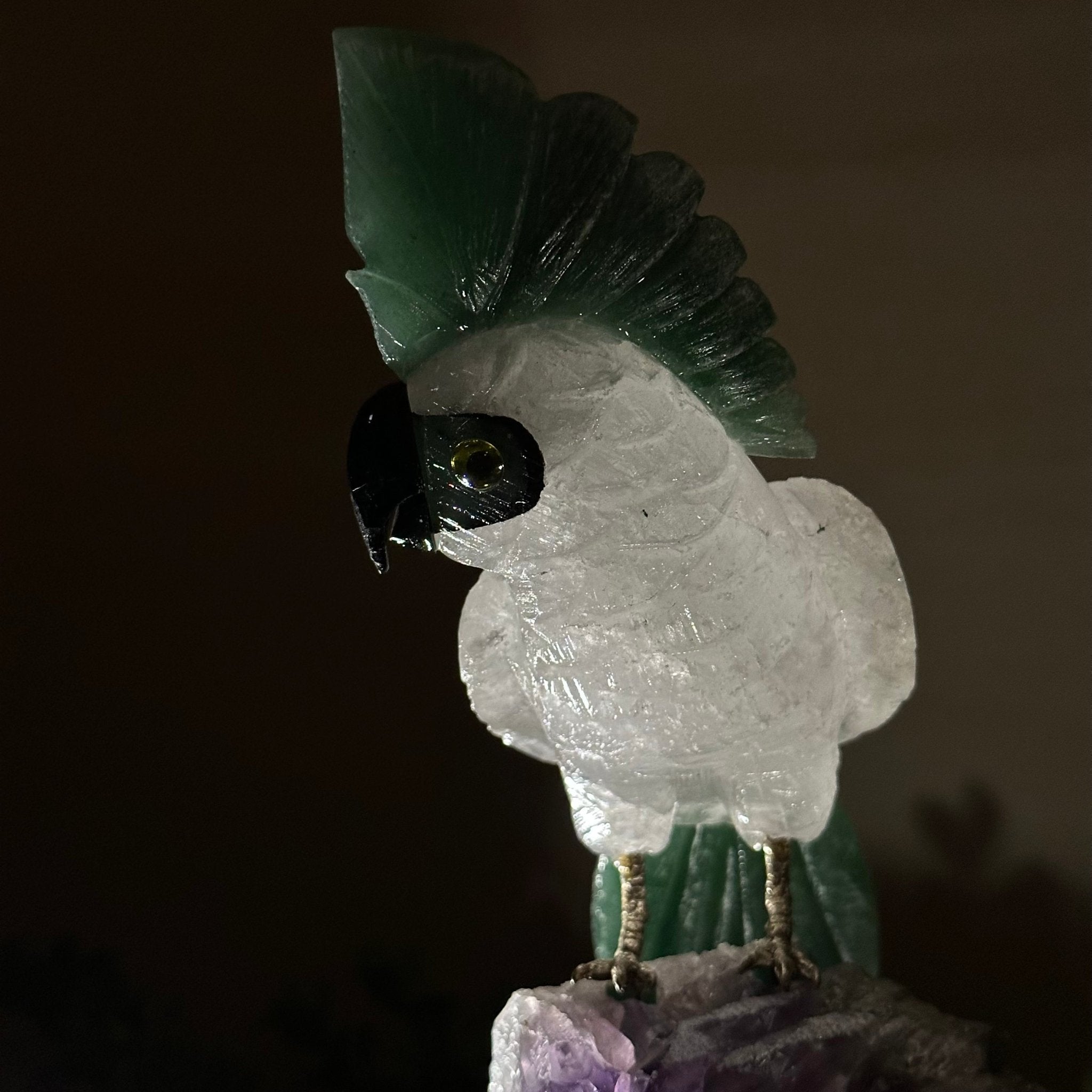 Large Hand - Carved Clear Quartz Cockatoo 9.4" Long on an Amethyst Cluster #3004 - CQCAM - 032 - Brazil GemsBrazil GemsLarge Hand - Carved Clear Quartz Cockatoo 9.4" Long on an Amethyst Cluster #3004 - CQCAM - 032Crystal Birds3004 - CQCAM - 032