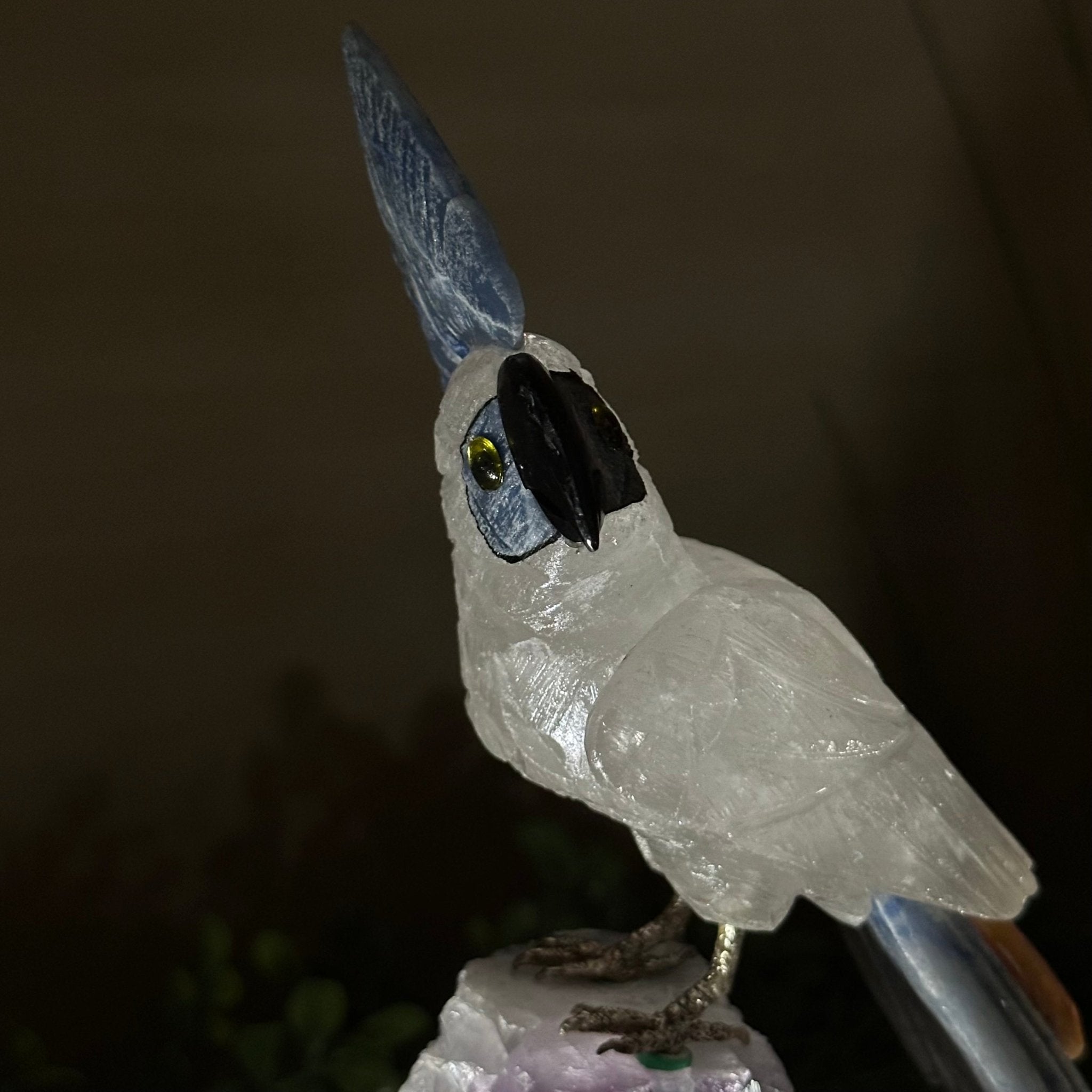 Large Hand - Carved Clear Quartz Cockatoo 9.9" Long on an Amethyst Cluster #3004 - CQCAM - 035 - Brazil GemsBrazil GemsLarge Hand - Carved Clear Quartz Cockatoo 9.9" Long on an Amethyst Cluster #3004 - CQCAM - 035Crystal Birds3004 - CQCAM - 035