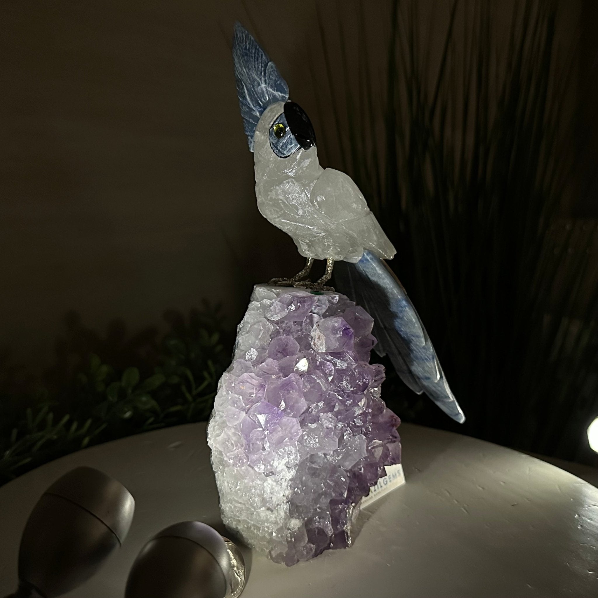 Large Hand - Carved Clear Quartz Cockatoo 9.9" Long on an Amethyst Cluster #3004 - CQCAM - 035 - Brazil GemsBrazil GemsLarge Hand - Carved Clear Quartz Cockatoo 9.9" Long on an Amethyst Cluster #3004 - CQCAM - 035Crystal Birds3004 - CQCAM - 035