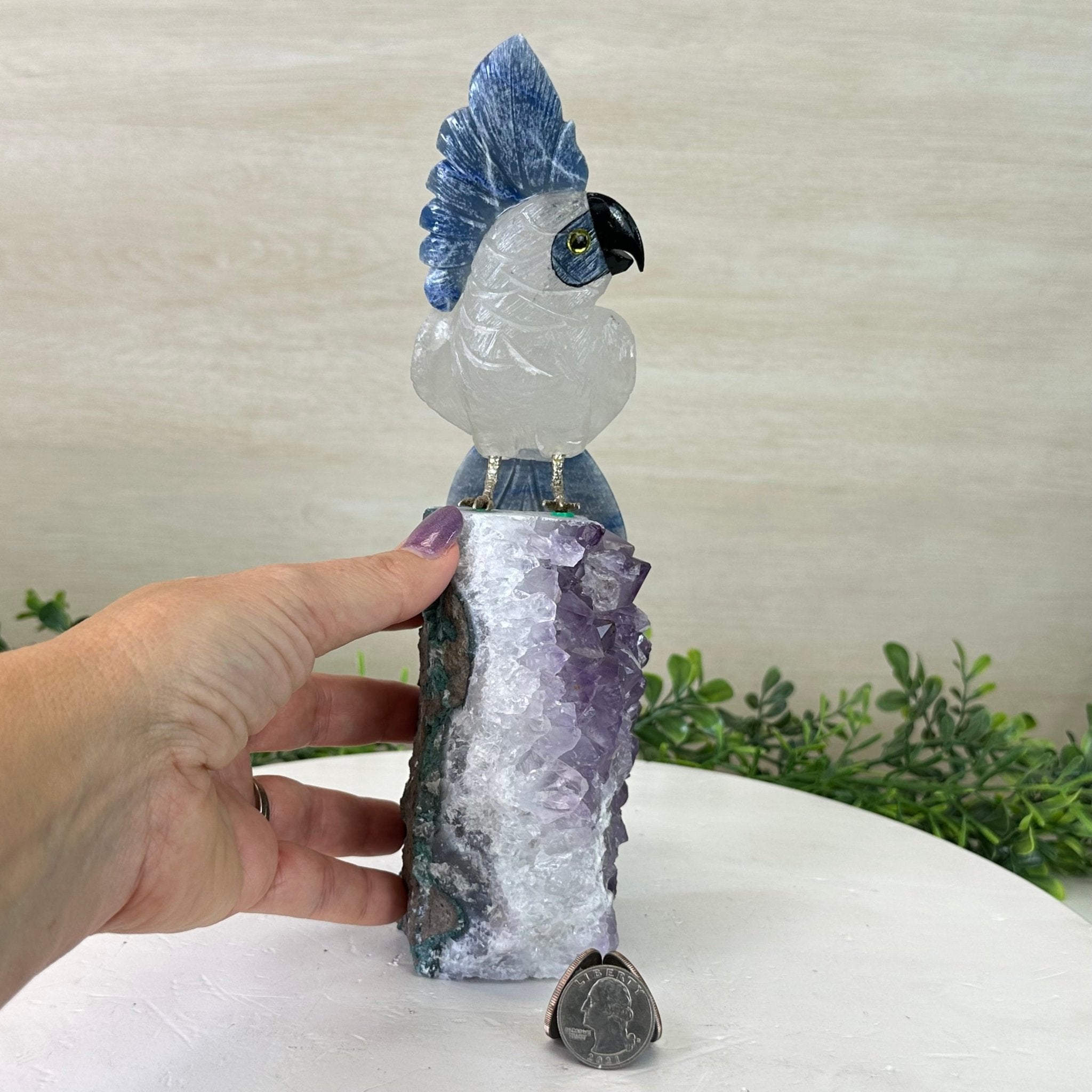 Large Hand - Carved Clear Quartz Cockatoo 9.9" Long on an Amethyst Cluster #3004 - CQCAM - 035 - Brazil GemsBrazil GemsLarge Hand - Carved Clear Quartz Cockatoo 9.9" Long on an Amethyst Cluster #3004 - CQCAM - 035Crystal Birds3004 - CQCAM - 035