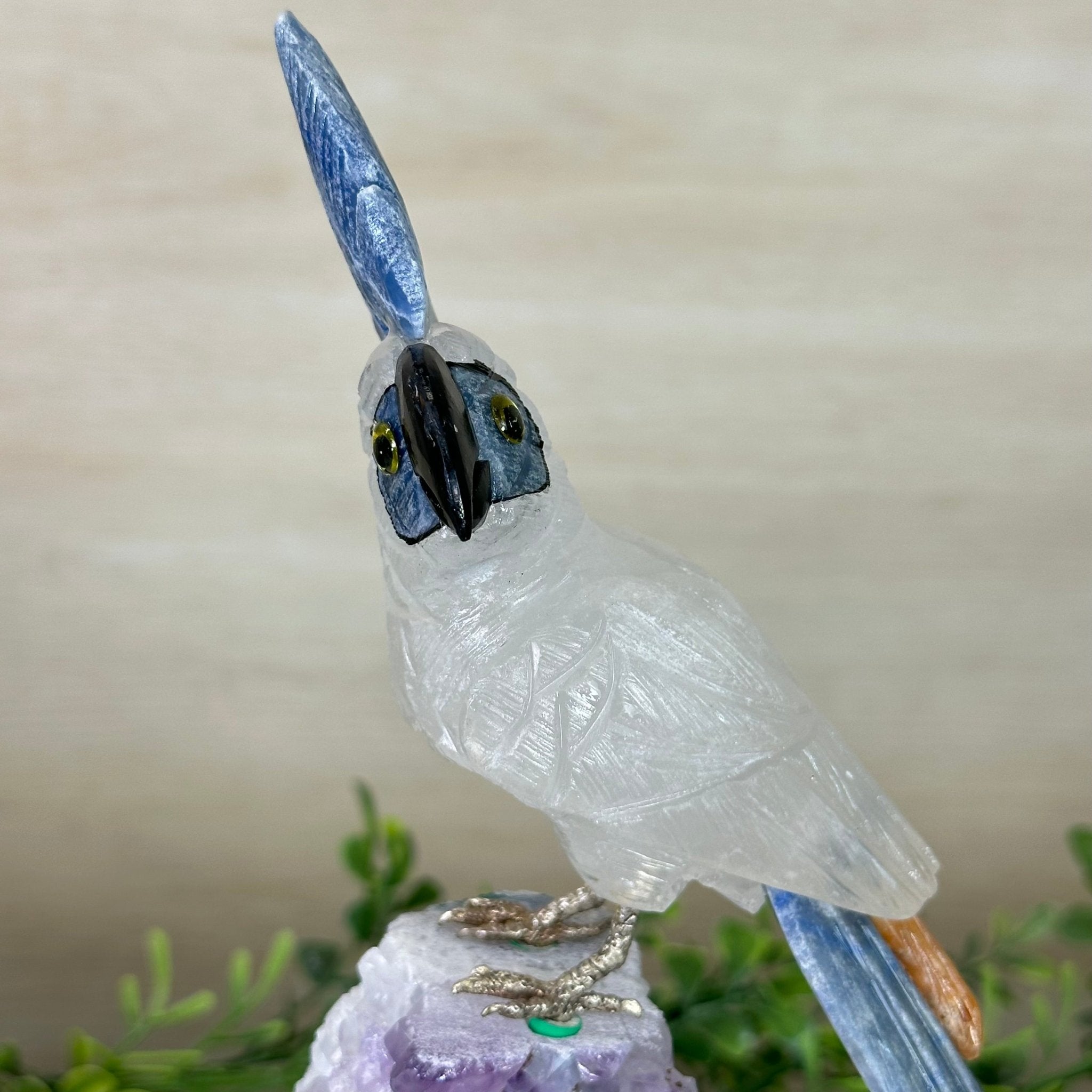 Large Hand - Carved Clear Quartz Cockatoo 9.9" Long on an Amethyst Cluster #3004 - CQCAM - 035 - Brazil GemsBrazil GemsLarge Hand - Carved Clear Quartz Cockatoo 9.9" Long on an Amethyst Cluster #3004 - CQCAM - 035Crystal Birds3004 - CQCAM - 035