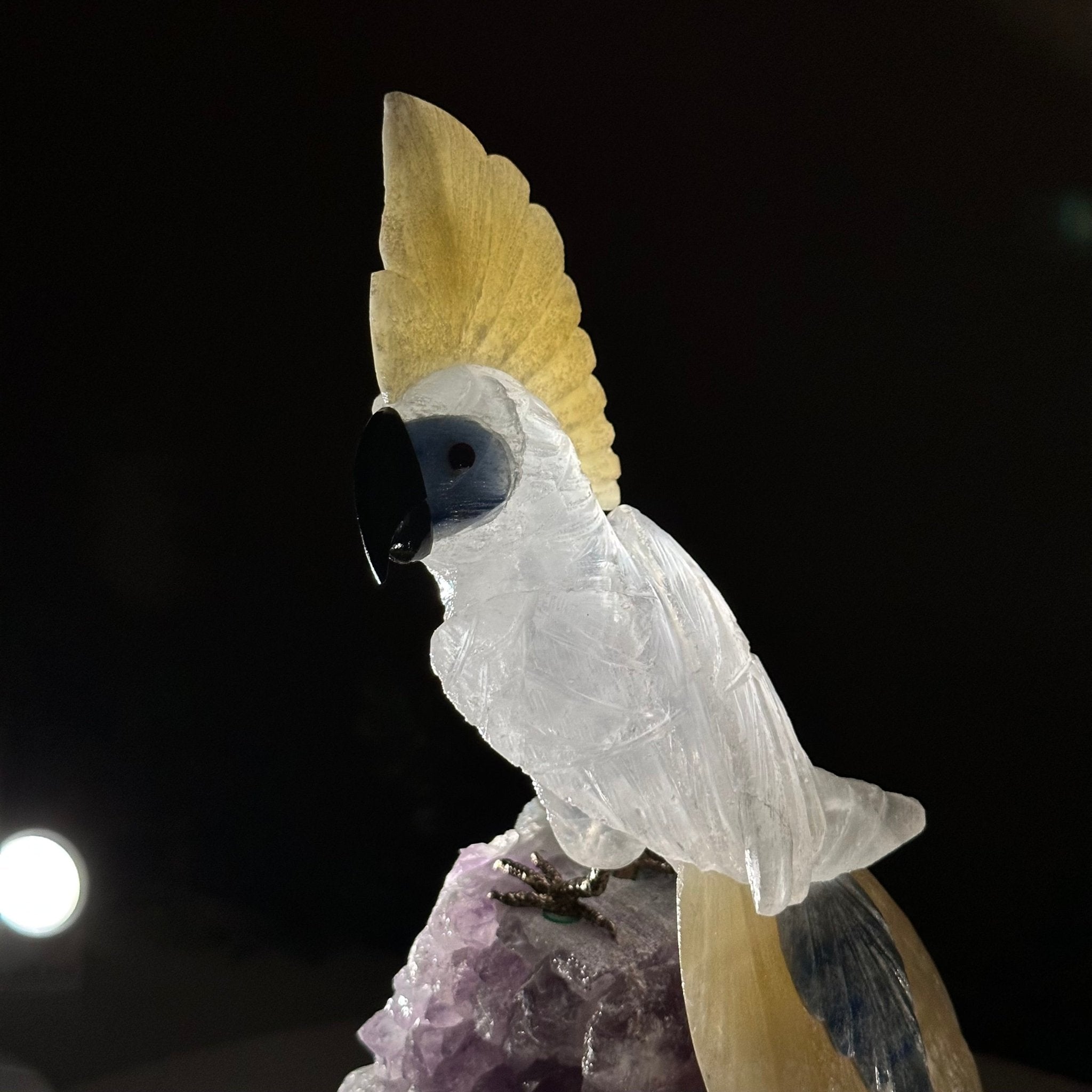 Large Hand - Carved Clear Quartz Cockatoo on an Amethyst Base, 9.1" Tall #3004 - CQCAM - 033 - Brazil GemsBrazil GemsLarge Hand - Carved Clear Quartz Cockatoo on an Amethyst Base, 9.1" Tall #3004 - CQCAM - 033Crystal Birds3004 - CQCAM - 033