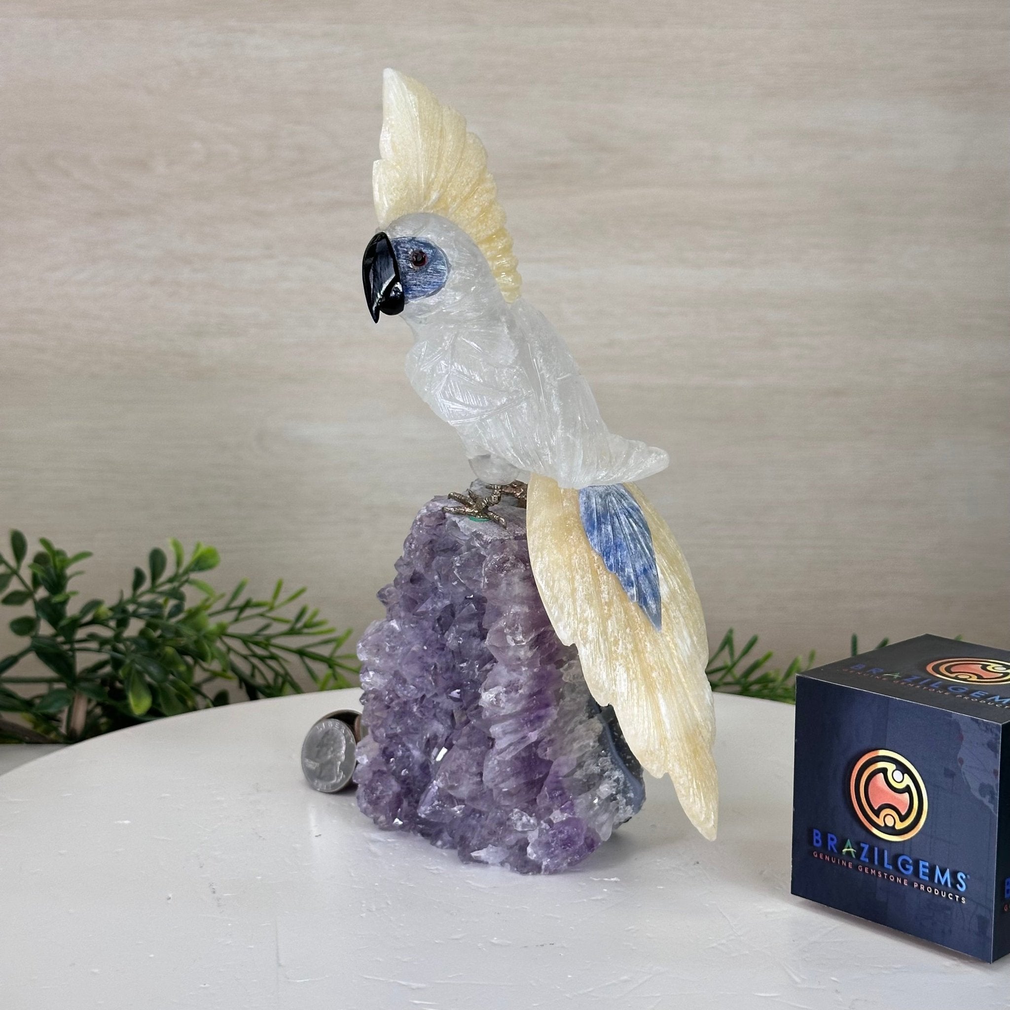 Large Hand - Carved Clear Quartz Cockatoo on an Amethyst Base, 9.1" Tall #3004 - CQCAM - 033 - Brazil GemsBrazil GemsLarge Hand - Carved Clear Quartz Cockatoo on an Amethyst Base, 9.1" Tall #3004 - CQCAM - 033Crystal Birds3004 - CQCAM - 033