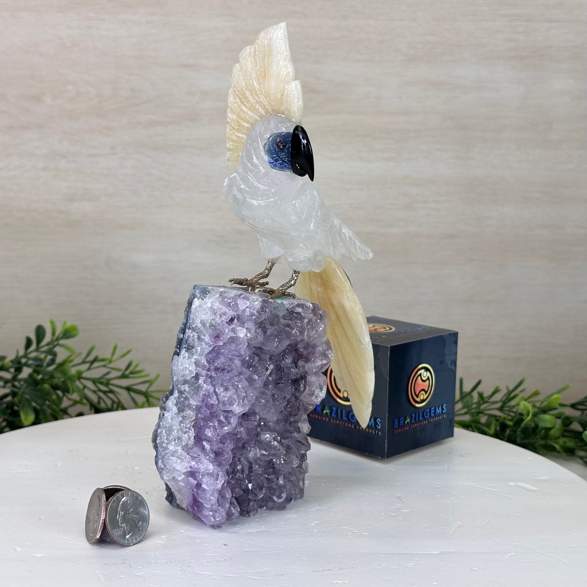 Large Hand - Carved Clear Quartz Cockatoo on an Amethyst Base, 9.1" Tall #3004 - CQCAM - 033 - Brazil GemsBrazil GemsLarge Hand - Carved Clear Quartz Cockatoo on an Amethyst Base, 9.1" Tall #3004 - CQCAM - 033Crystal Birds3004 - CQCAM - 033