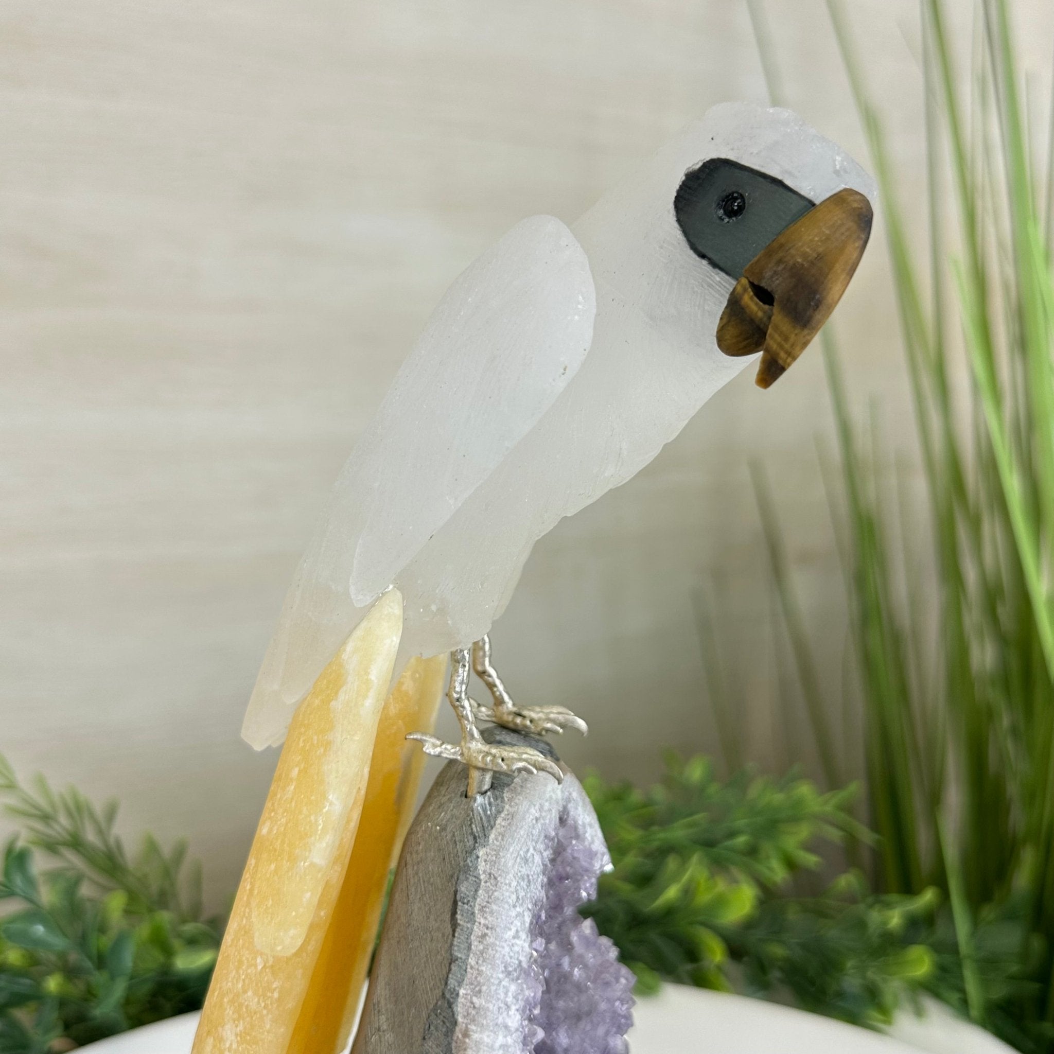 Large Hand - Carved Clear Quartz Parrot 10" Long on Amethyst Cluster #3005 - CQPAM - 048 - Brazil GemsBrazil GemsLarge Hand - Carved Clear Quartz Parrot 10" Long on Amethyst Cluster #3005 - CQPAM - 048Crystal Birds3005 - CQPAM - 048