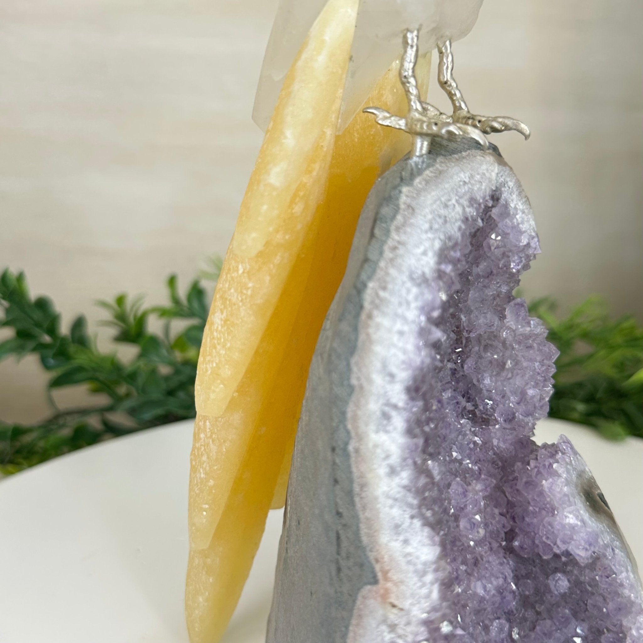 Large Hand - Carved Clear Quartz Parrot 10" Long on Amethyst Cluster #3005 - CQPAM - 048 - Brazil GemsBrazil GemsLarge Hand - Carved Clear Quartz Parrot 10" Long on Amethyst Cluster #3005 - CQPAM - 048Crystal Birds3005 - CQPAM - 048