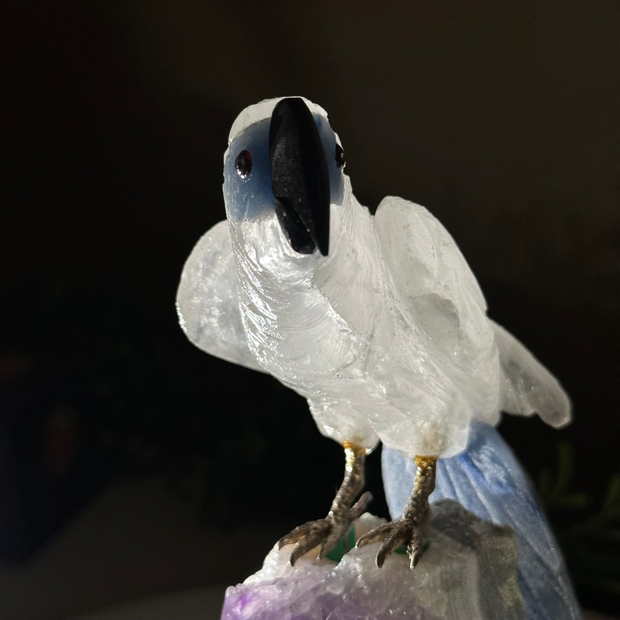 Large Hand - Carved Clear Quartz Parrot 7.4" Long on an Amethyst Cluster #3004 - CQPAM - 014 - Brazil GemsBrazil GemsLarge Hand - Carved Clear Quartz Parrot 7.4" Long on an Amethyst Cluster #3004 - CQPAM - 014Crystal Birds3004 - CQPAM - 014