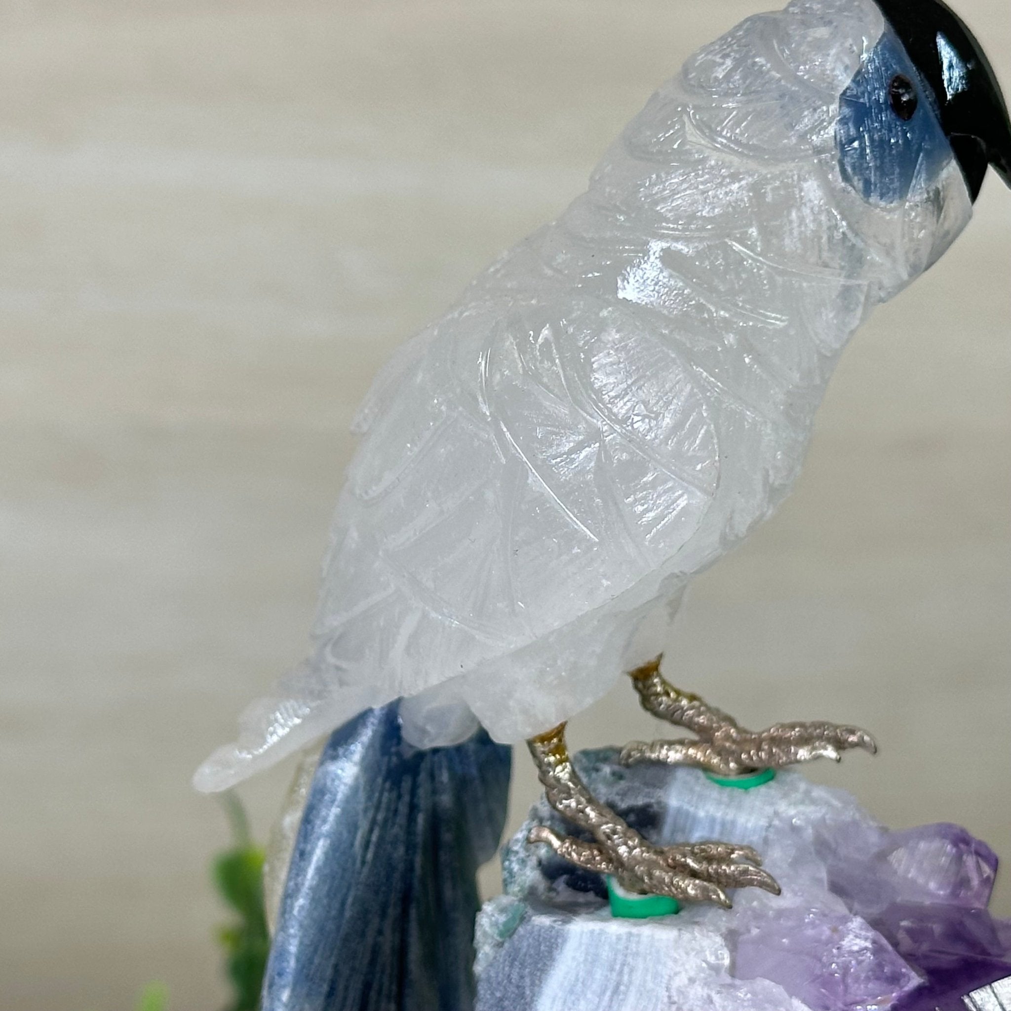 Large Hand - Carved Clear Quartz Parrot 7.4" Long on an Amethyst Cluster #3004 - CQPAM - 014 - Brazil GemsBrazil GemsLarge Hand - Carved Clear Quartz Parrot 7.4" Long on an Amethyst Cluster #3004 - CQPAM - 014Crystal Birds3004 - CQPAM - 014