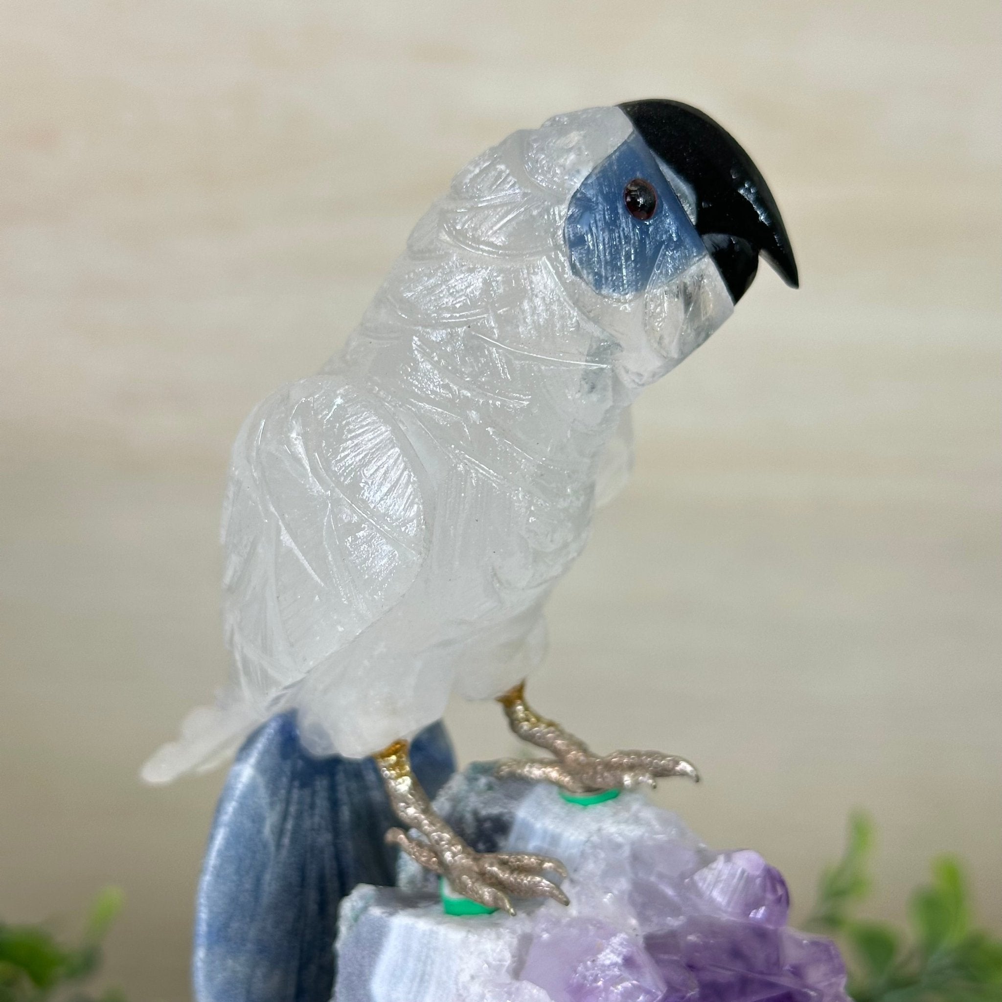 Large Hand - Carved Clear Quartz Parrot 7.4" Long on an Amethyst Cluster #3004 - CQPAM - 014 - Brazil GemsBrazil GemsLarge Hand - Carved Clear Quartz Parrot 7.4" Long on an Amethyst Cluster #3004 - CQPAM - 014Crystal Birds3004 - CQPAM - 014