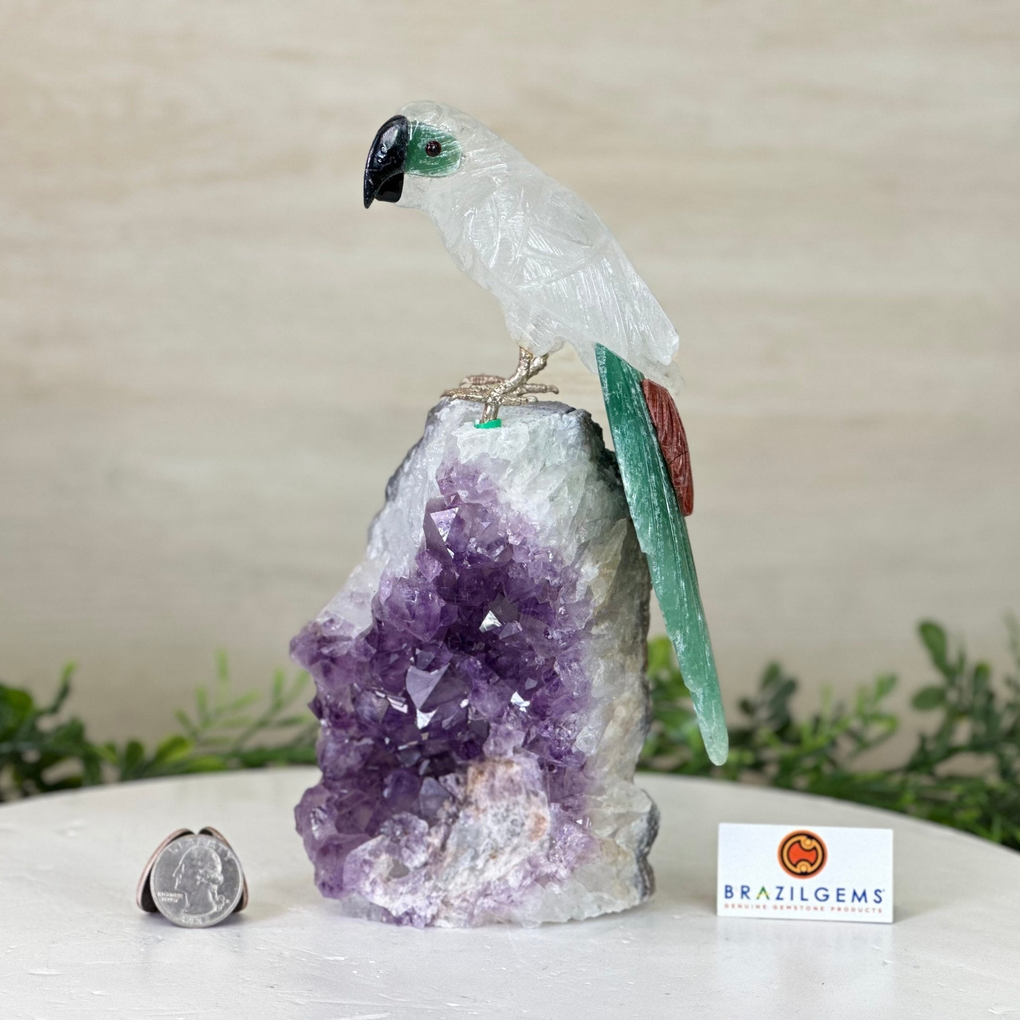 Large Hand - Carved Clear Quartz Parrot 7.8" Long on an Amethyst Cluster #3004 - CQPAM - 016 - Brazil GemsBrazil GemsLarge Hand - Carved Clear Quartz Parrot 7.8" Long on an Amethyst Cluster #3004 - CQPAM - 016Crystal Birds3004 - CQPAM - 016