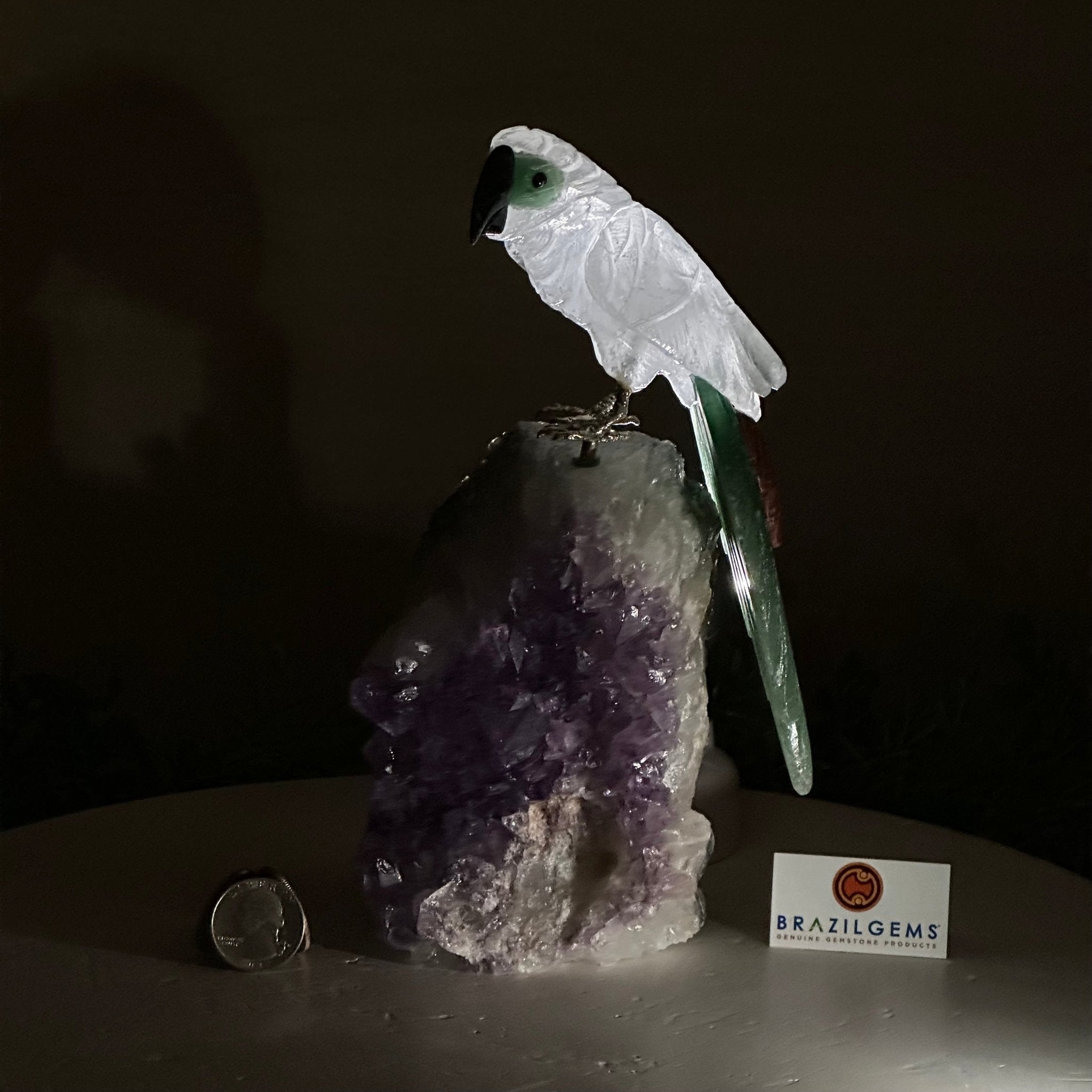 Large Hand - Carved Clear Quartz Parrot 7.8" Long on an Amethyst Cluster #3004 - CQPAM - 016 - Brazil GemsBrazil GemsLarge Hand - Carved Clear Quartz Parrot 7.8" Long on an Amethyst Cluster #3004 - CQPAM - 016Crystal Birds3004 - CQPAM - 016