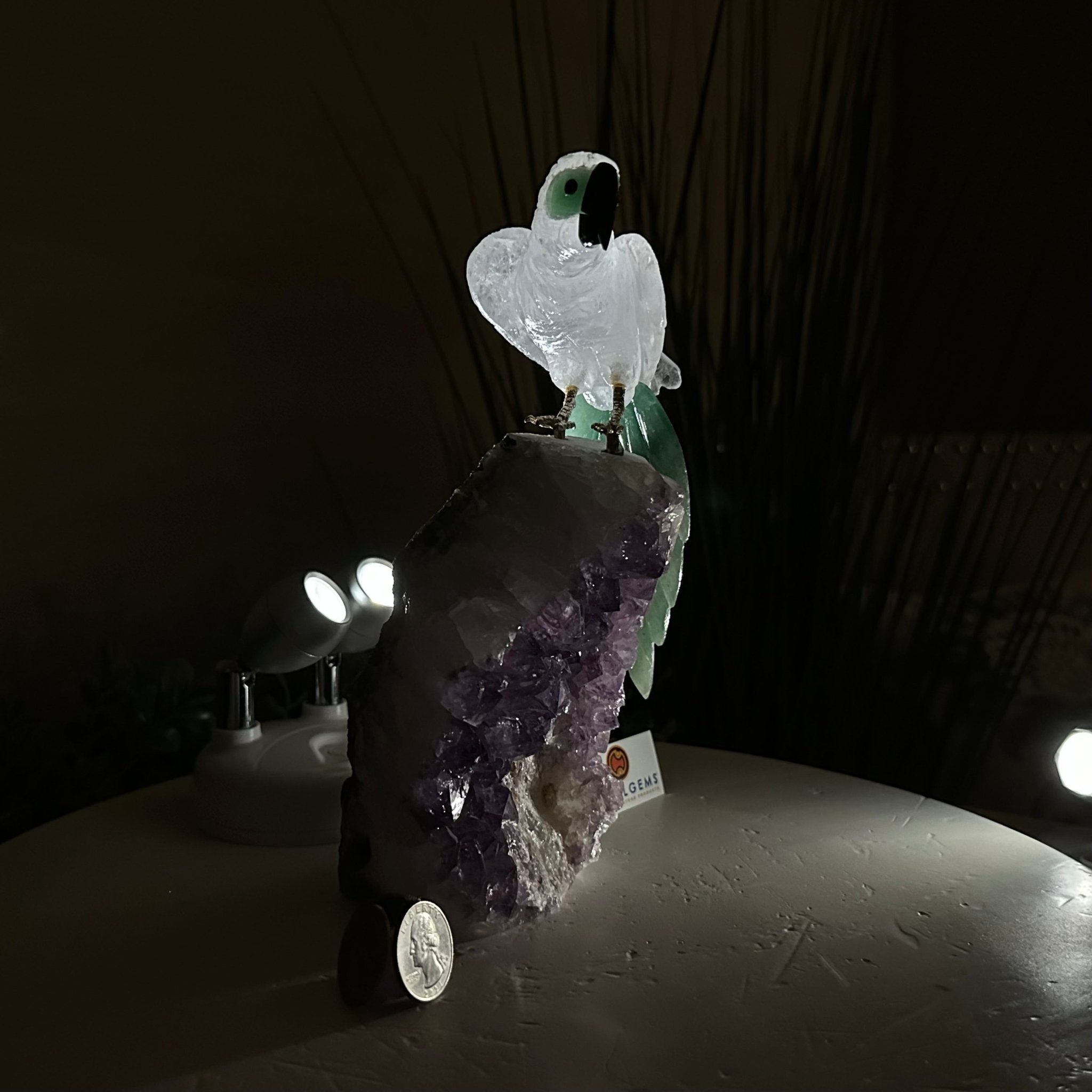 Large Hand - Carved Clear Quartz Parrot 7.8" Long on an Amethyst Cluster #3004 - CQPAM - 016 - Brazil GemsBrazil GemsLarge Hand - Carved Clear Quartz Parrot 7.8" Long on an Amethyst Cluster #3004 - CQPAM - 016Crystal Birds3004 - CQPAM - 016