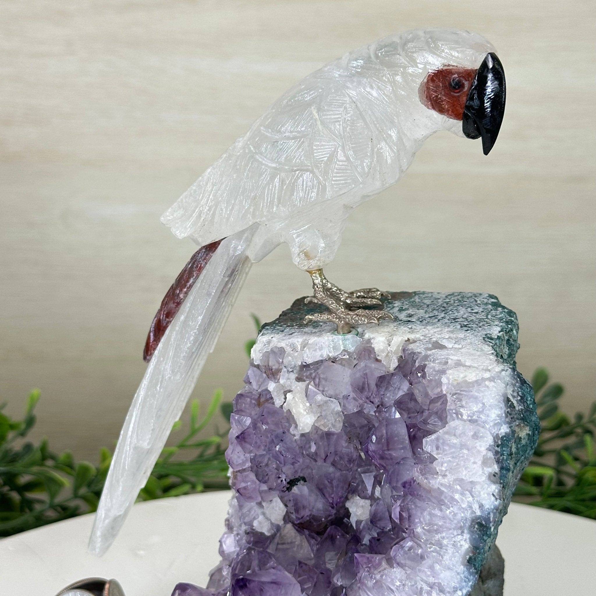 Large Hand - Carved Clear Quartz Parrot 8.3" Long on an Amethyst Cluster #3004 - CQPAM - 017 - Brazil GemsBrazil GemsLarge Hand - Carved Clear Quartz Parrot 8.3" Long on an Amethyst Cluster #3004 - CQPAM - 017Crystal Birds3004 - CQPAM - 017