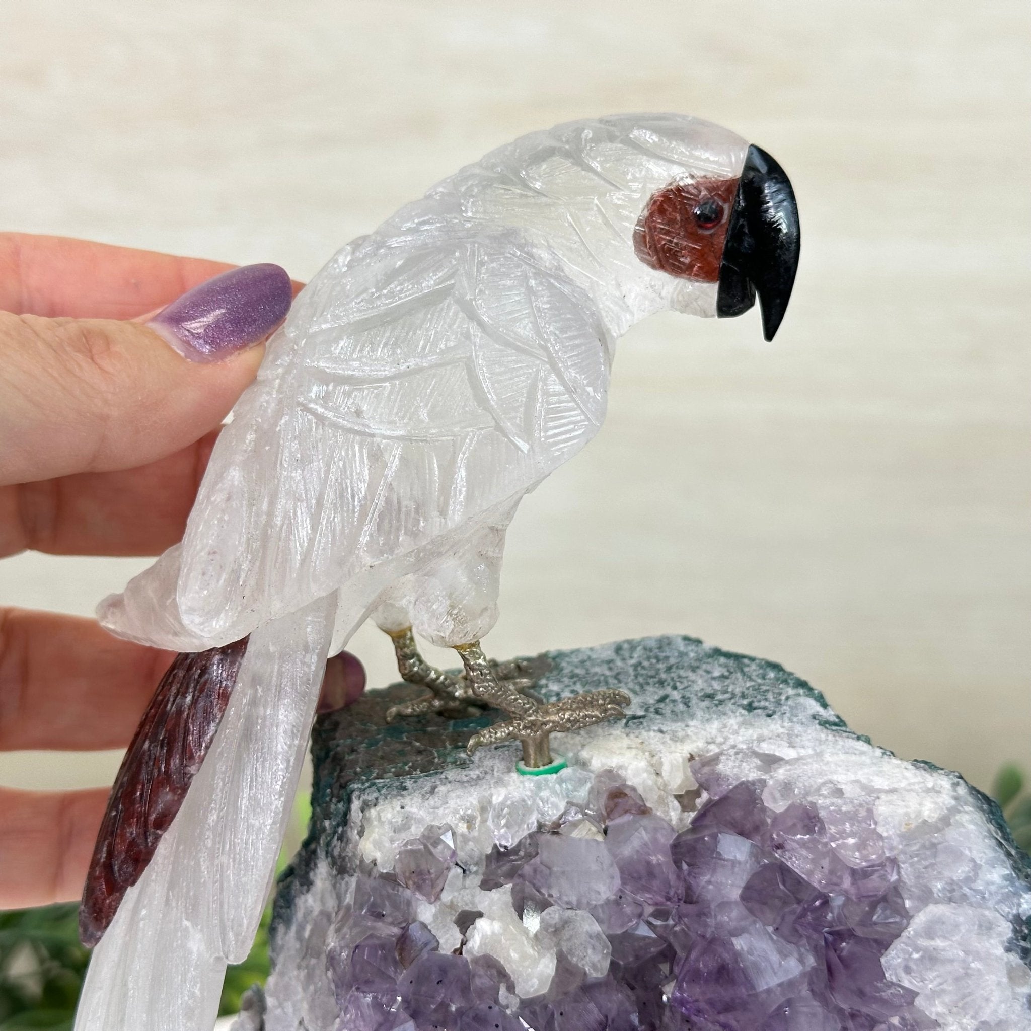 Large Hand - Carved Clear Quartz Parrot 8.3" Long on an Amethyst Cluster #3004 - CQPAM - 017 - Brazil GemsBrazil GemsLarge Hand - Carved Clear Quartz Parrot 8.3" Long on an Amethyst Cluster #3004 - CQPAM - 017Crystal Birds3004 - CQPAM - 017