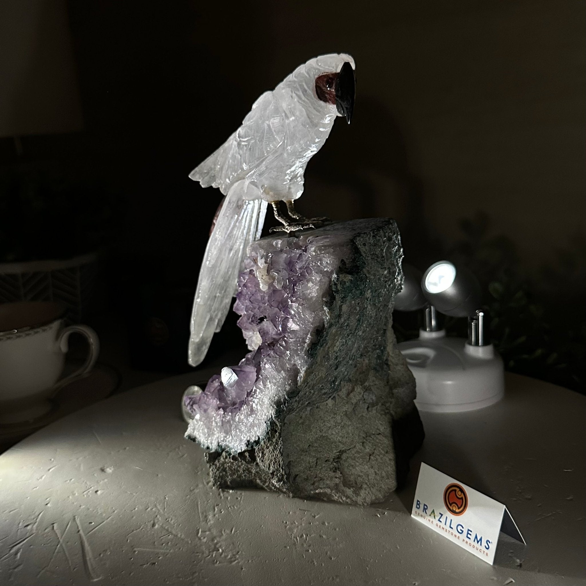 Large Hand - Carved Clear Quartz Parrot 8.3" Long on an Amethyst Cluster #3004 - CQPAM - 017 - Brazil GemsBrazil GemsLarge Hand - Carved Clear Quartz Parrot 8.3" Long on an Amethyst Cluster #3004 - CQPAM - 017Crystal Birds3004 - CQPAM - 017