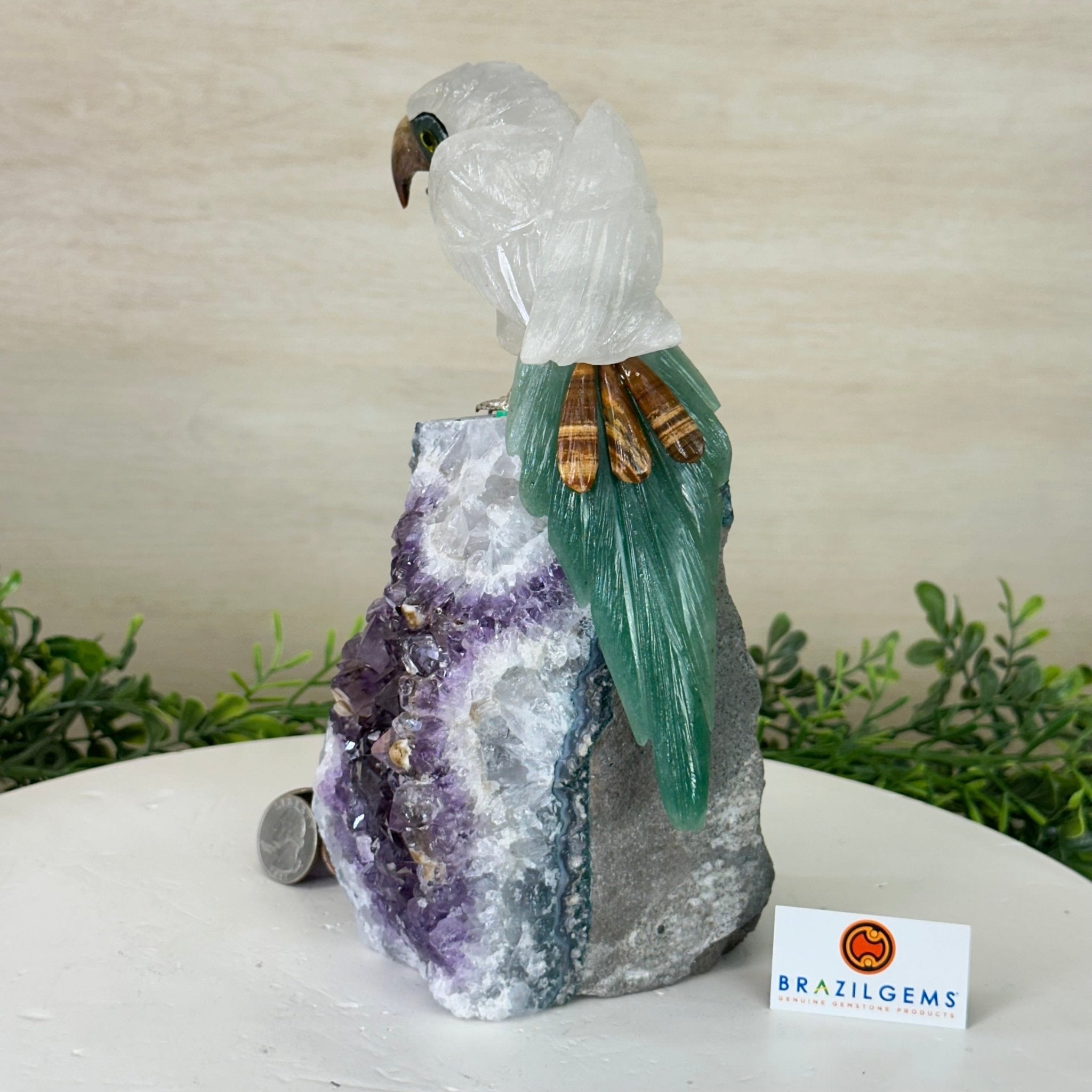 Large Hand - Carved Clear Quartz Parrot 8.5" Long on an Amethyst Cluster #3004 - CQPAM - 015 - Brazil GemsBrazil GemsLarge Hand - Carved Clear Quartz Parrot 8.5" Long on an Amethyst Cluster #3004 - CQPAM - 015Crystal Birds3004 - CQPAM - 015