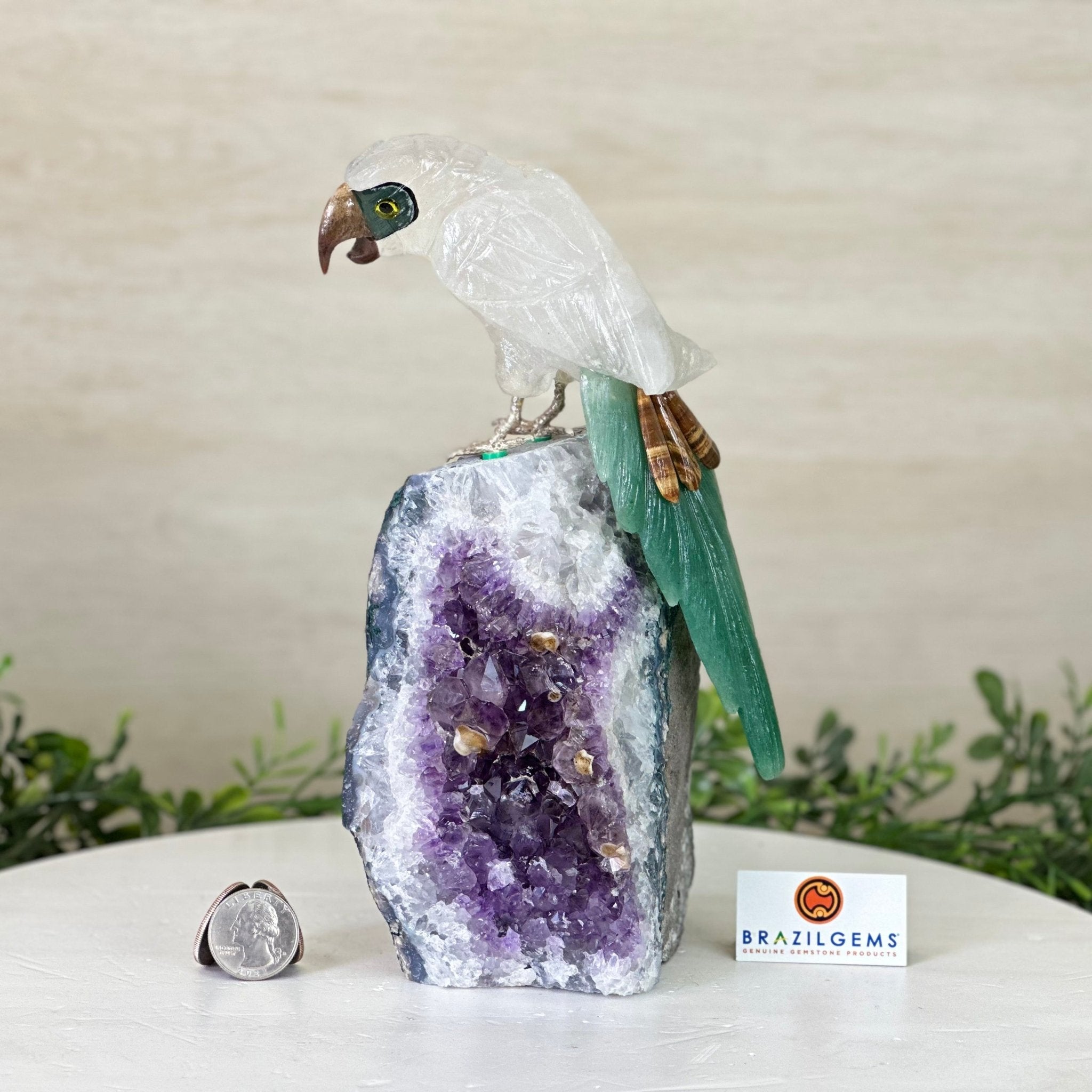 Large Hand - Carved Clear Quartz Parrot 8.5" Long on an Amethyst Cluster #3004 - CQPAM - 015 - Brazil GemsBrazil GemsLarge Hand - Carved Clear Quartz Parrot 8.5" Long on an Amethyst Cluster #3004 - CQPAM - 015Crystal Birds3004 - CQPAM - 015