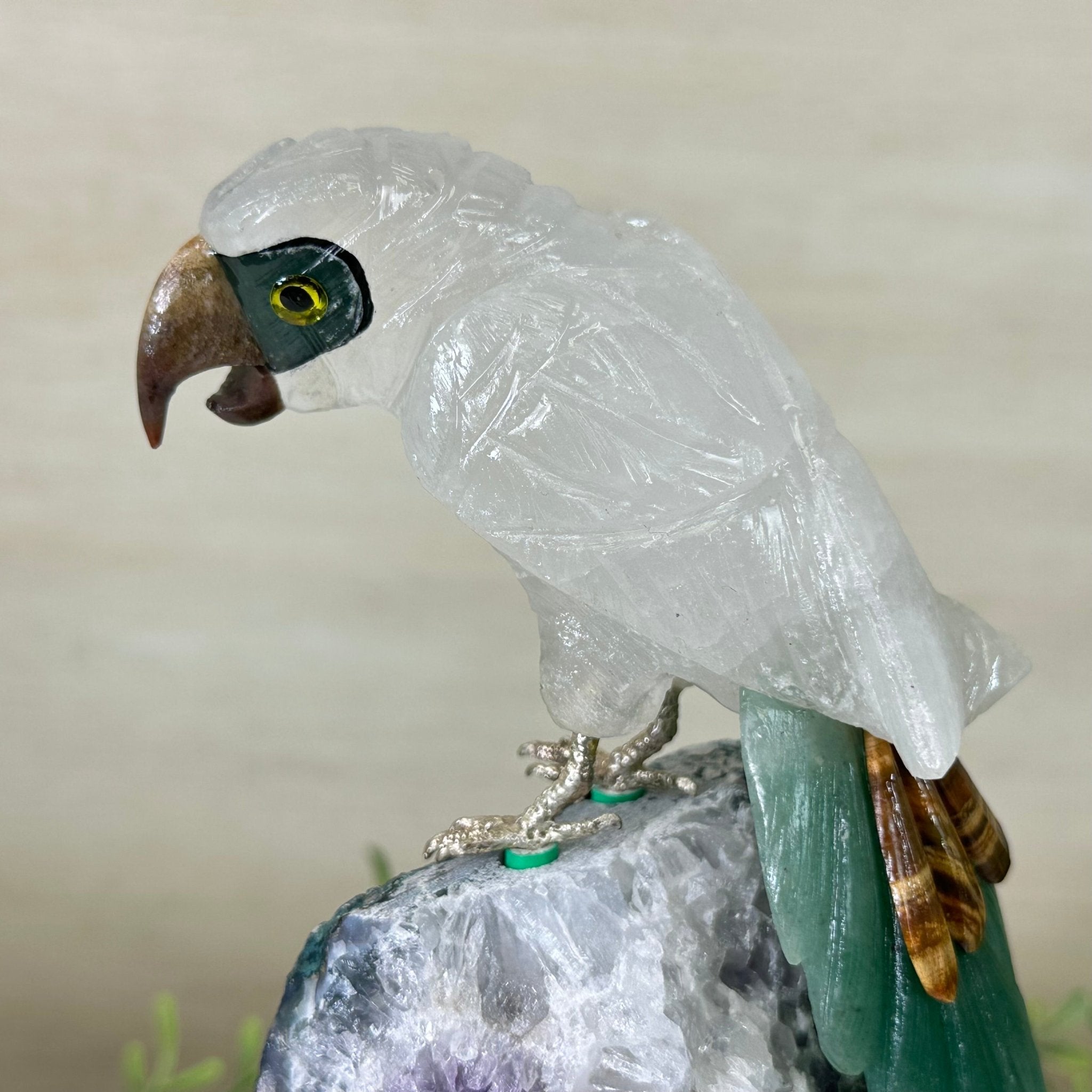 Large Hand - Carved Clear Quartz Parrot 8.5" Long on an Amethyst Cluster #3004 - CQPAM - 015 - Brazil GemsBrazil GemsLarge Hand - Carved Clear Quartz Parrot 8.5" Long on an Amethyst Cluster #3004 - CQPAM - 015Crystal Birds3004 - CQPAM - 015