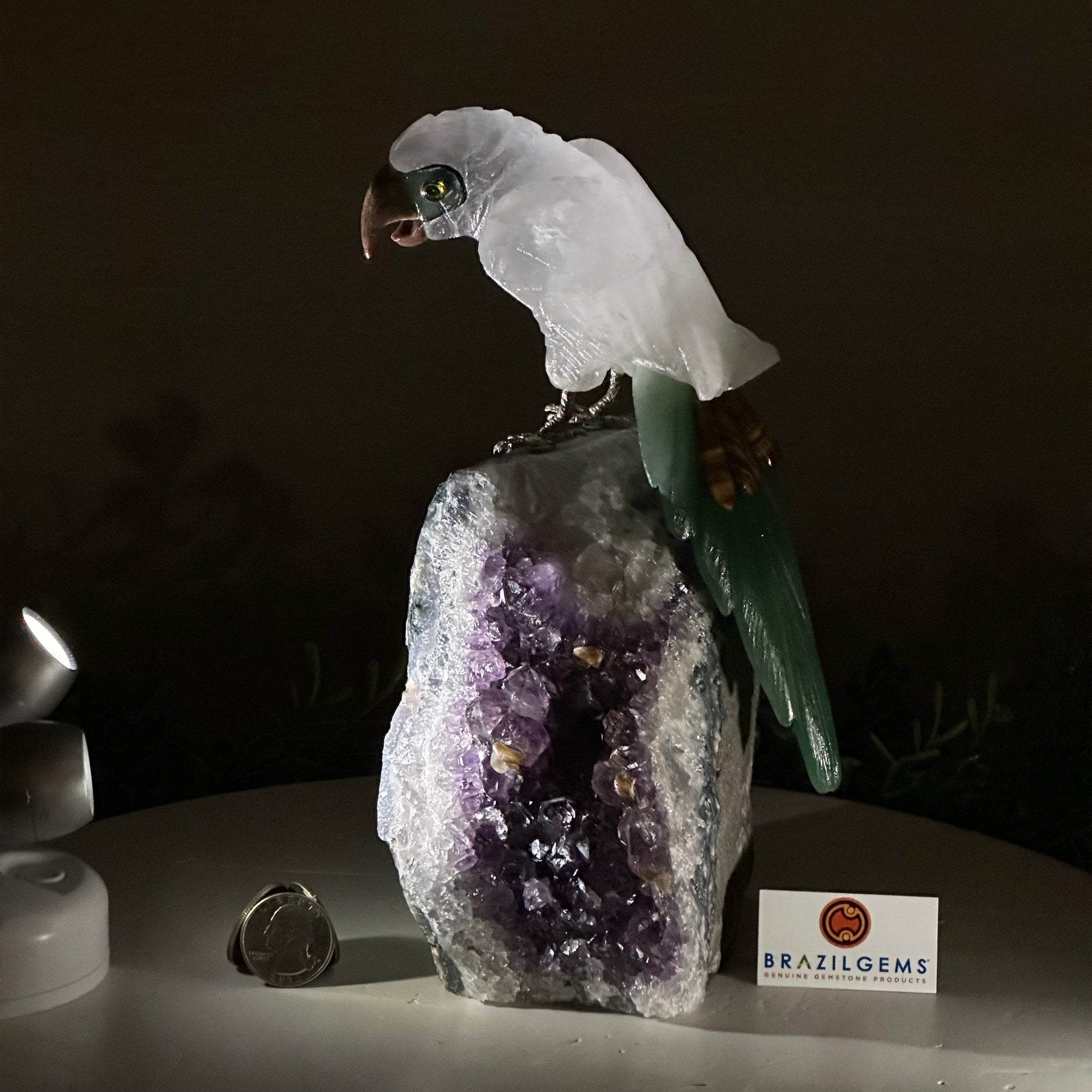 Large Hand - Carved Clear Quartz Parrot 8.5" Long on an Amethyst Cluster #3004 - CQPAM - 015 - Brazil GemsBrazil GemsLarge Hand - Carved Clear Quartz Parrot 8.5" Long on an Amethyst Cluster #3004 - CQPAM - 015Crystal Birds3004 - CQPAM - 015