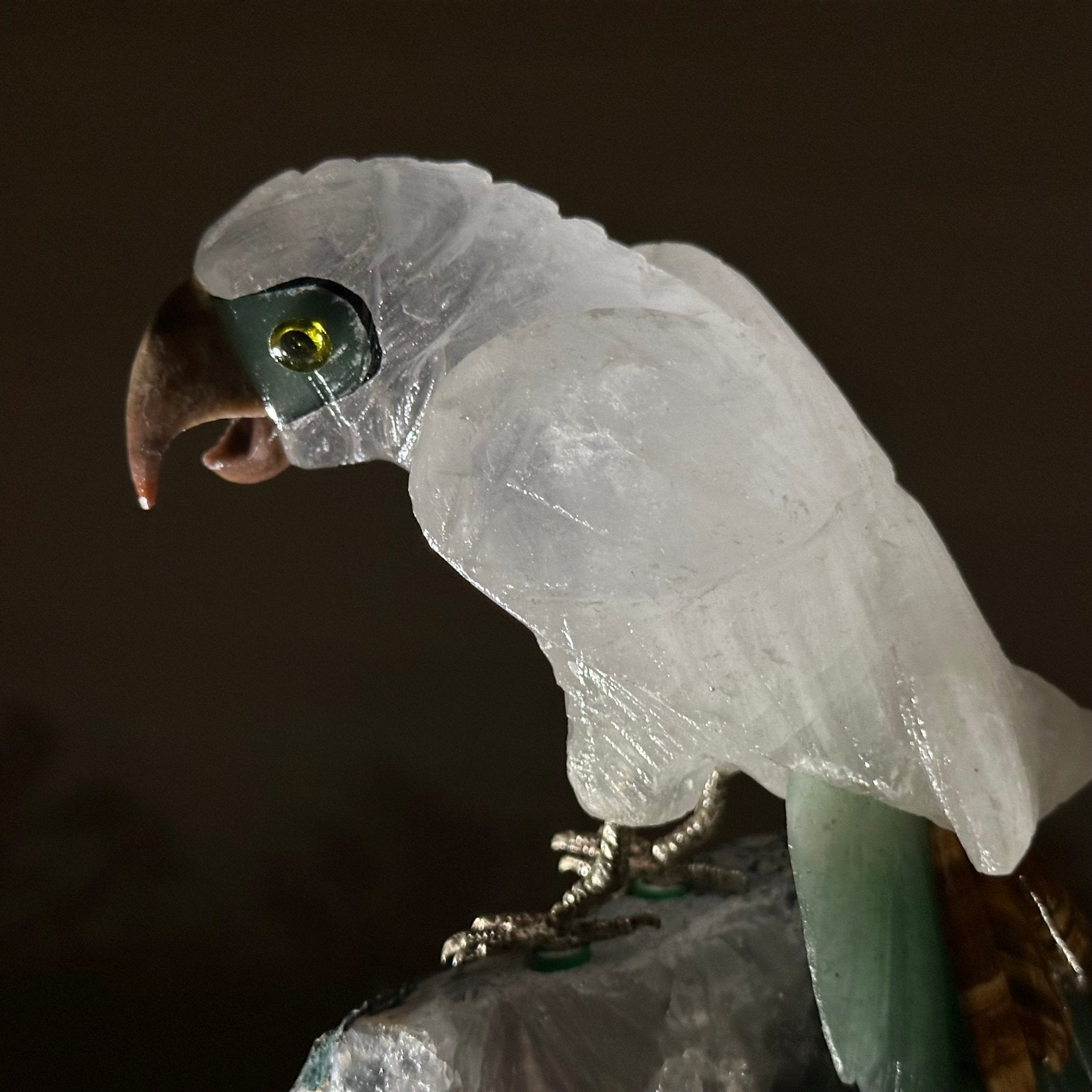 Large Hand - Carved Clear Quartz Parrot 8.5" Long on an Amethyst Cluster #3004 - CQPAM - 015 - Brazil GemsBrazil GemsLarge Hand - Carved Clear Quartz Parrot 8.5" Long on an Amethyst Cluster #3004 - CQPAM - 015Crystal Birds3004 - CQPAM - 015