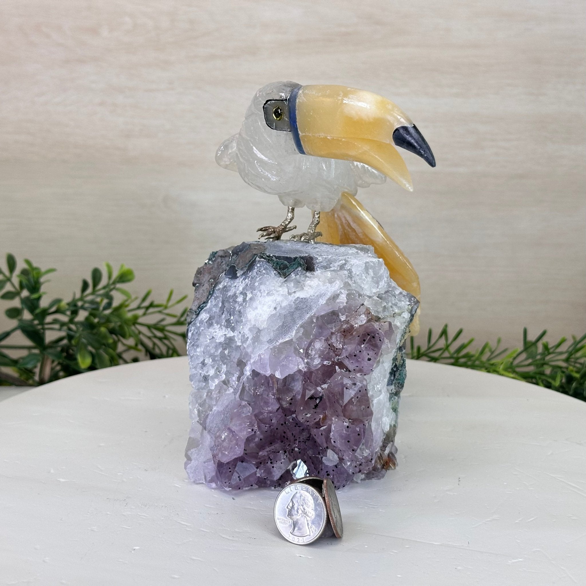 Large Hand - Carved Clear Quartz Toucan Bird w/ Amethyst Base, 7.3" Tall #3004 - CQTAM - 053 - Brazil GemsBrazil GemsLarge Hand - Carved Clear Quartz Toucan Bird w/ Amethyst Base, 7.3" Tall #3004 - CQTAM - 053Crystal Birds3004 - CQTAM - 053