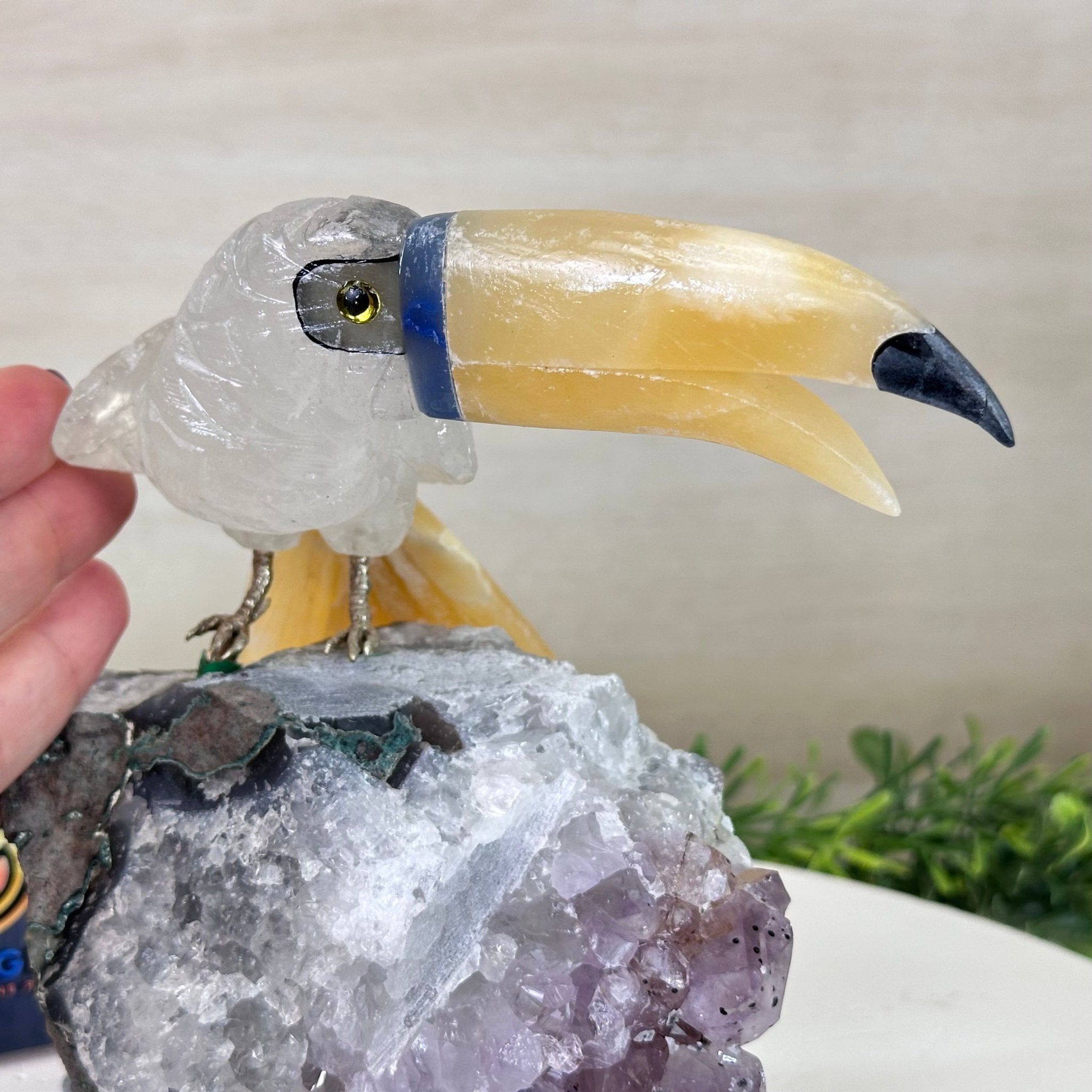 Large Hand - Carved Clear Quartz Toucan Bird w/ Amethyst Base, 7.3" Tall #3004 - CQTAM - 053 - Brazil GemsBrazil GemsLarge Hand - Carved Clear Quartz Toucan Bird w/ Amethyst Base, 7.3" Tall #3004 - CQTAM - 053Crystal Birds3004 - CQTAM - 053