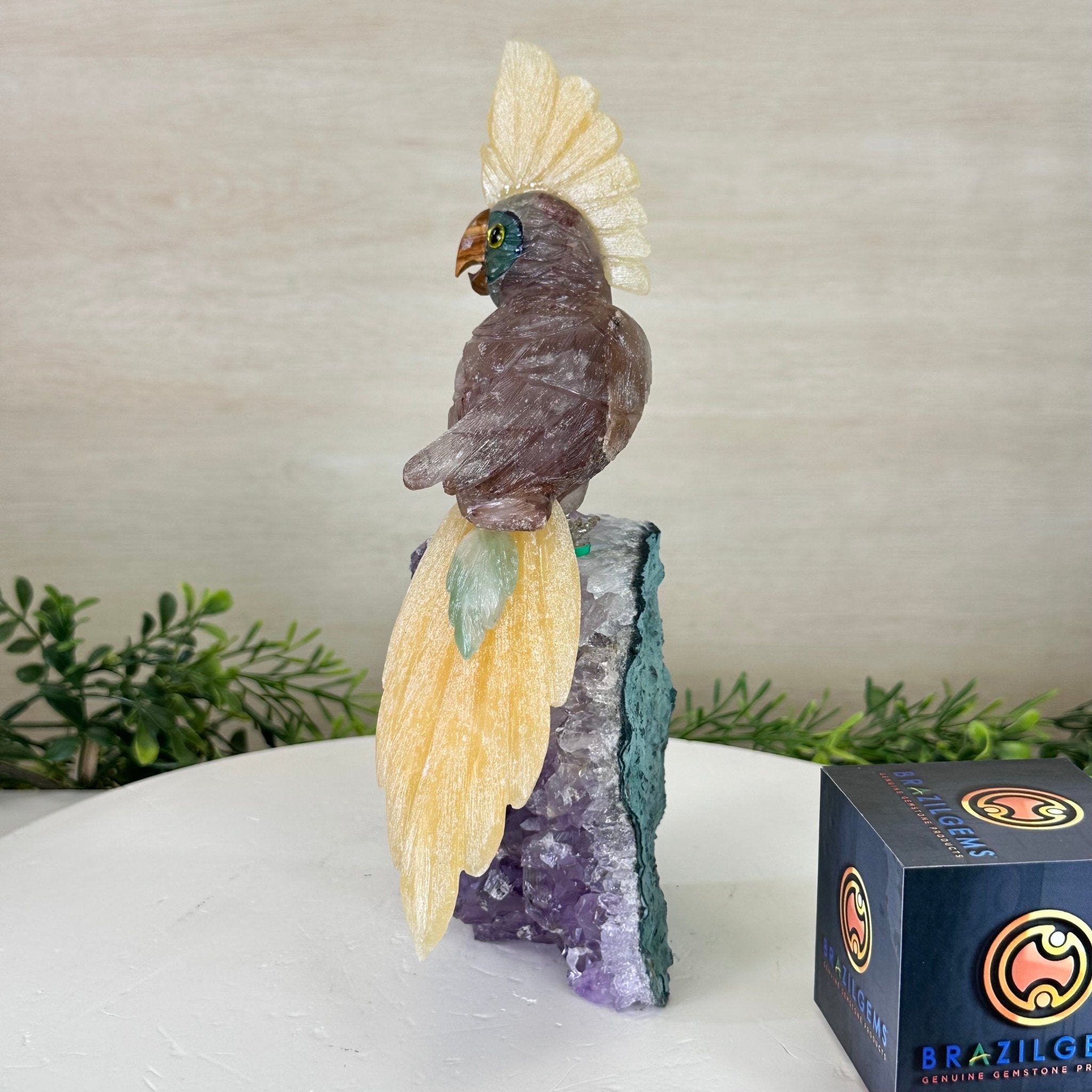 Large Hand - Carved Fire Quartz Cockatoo on an Amethyst Base, 9.9" Tall #3004 - FQCAM - 039 - Brazil GemsBrazil GemsLarge Hand - Carved Fire Quartz Cockatoo on an Amethyst Base, 9.9" Tall #3004 - FQCAM - 039Crystal Birds3004 - FQCAM - 039