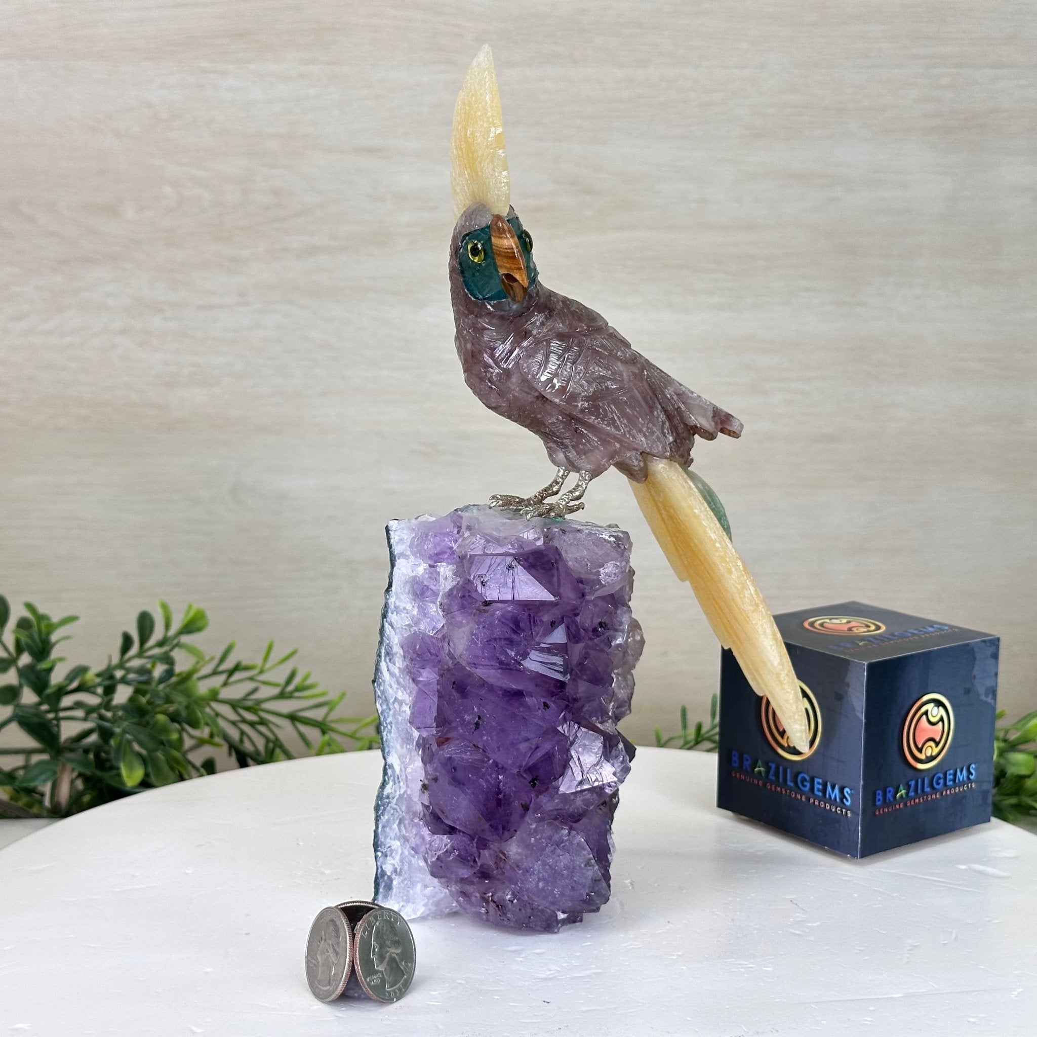 Large Hand - Carved Fire Quartz Cockatoo on an Amethyst Base, 9.9" Tall #3004 - FQCAM - 039 - Brazil GemsBrazil GemsLarge Hand - Carved Fire Quartz Cockatoo on an Amethyst Base, 9.9" Tall #3004 - FQCAM - 039Crystal Birds3004 - FQCAM - 039