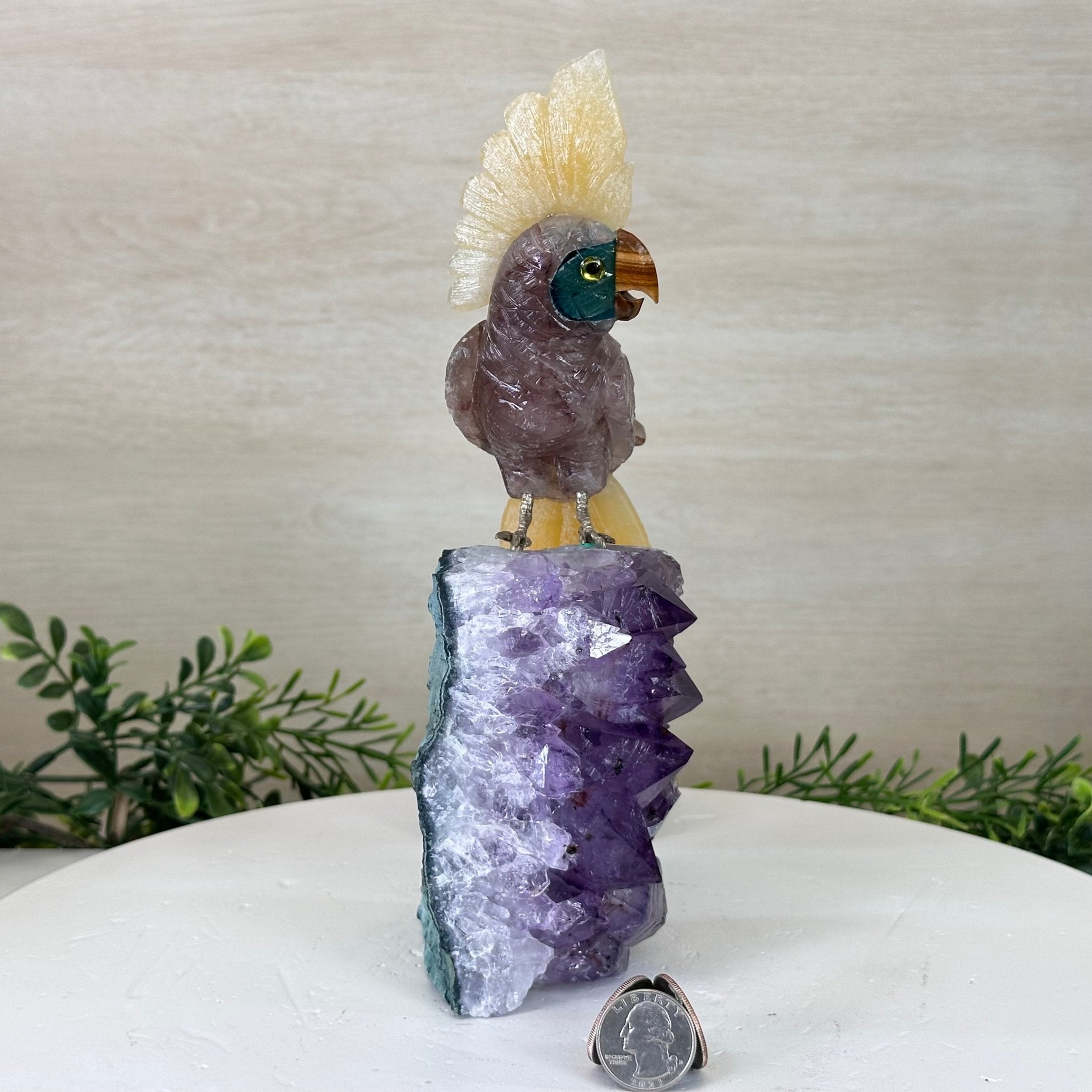 Large Hand - Carved Fire Quartz Cockatoo on an Amethyst Base, 9.9" Tall #3004 - FQCAM - 039 - Brazil GemsBrazil GemsLarge Hand - Carved Fire Quartz Cockatoo on an Amethyst Base, 9.9" Tall #3004 - FQCAM - 039Crystal Birds3004 - FQCAM - 039