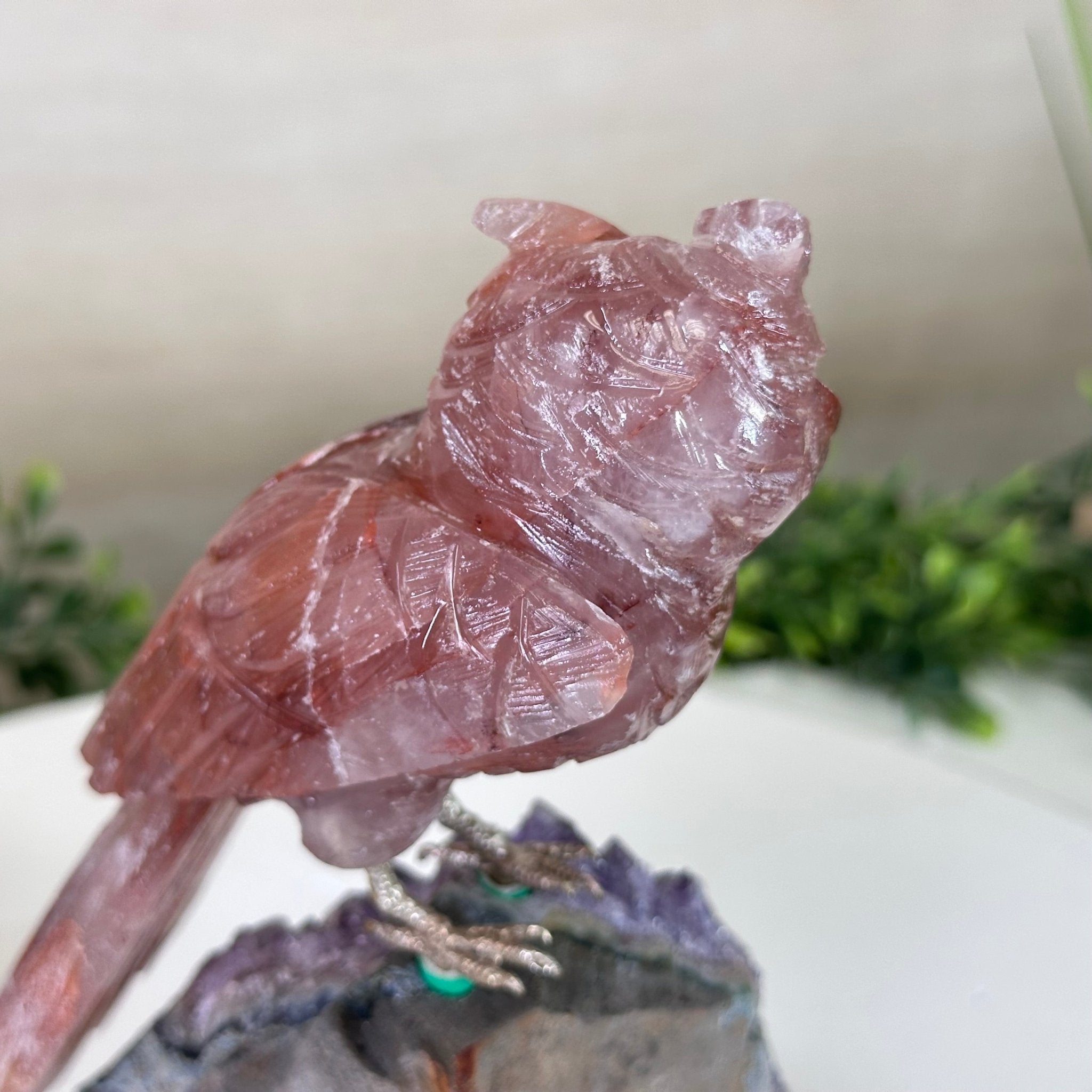 Large Hand - Carved Fire Quartz Owl w/ Amethyst Base, 7" Tall #3004 - FQOAM - 049 - Brazil GemsBrazil GemsLarge Hand - Carved Fire Quartz Owl w/ Amethyst Base, 7" Tall #3004 - FQOAM - 049Crystal Birds3004 - FQOAM - 049