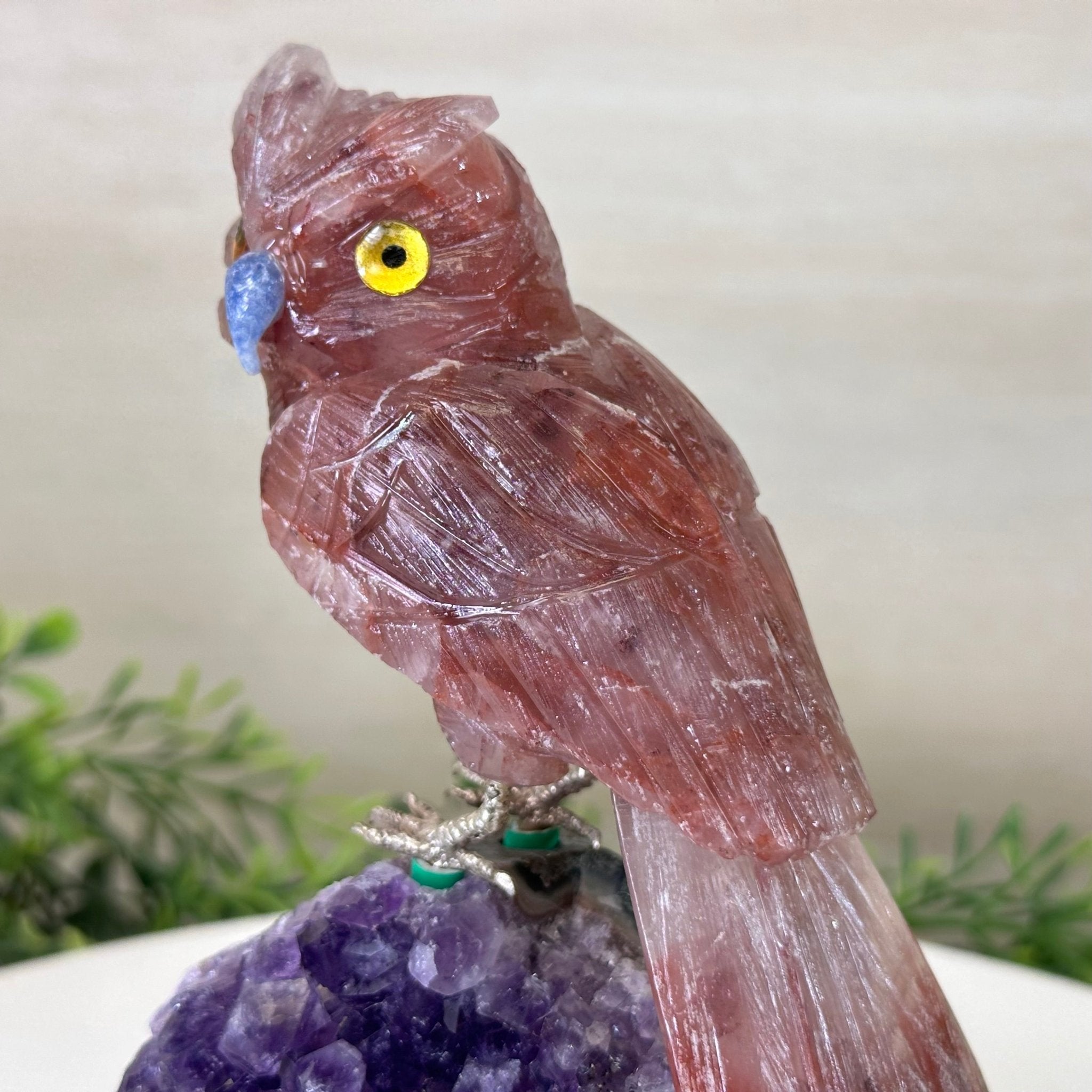 Large Hand - Carved Fire Quartz Owl w/ Amethyst Base, 7" Tall #3004 - FQOAM - 049 - Brazil GemsBrazil GemsLarge Hand - Carved Fire Quartz Owl w/ Amethyst Base, 7" Tall #3004 - FQOAM - 049Crystal Birds3004 - FQOAM - 049