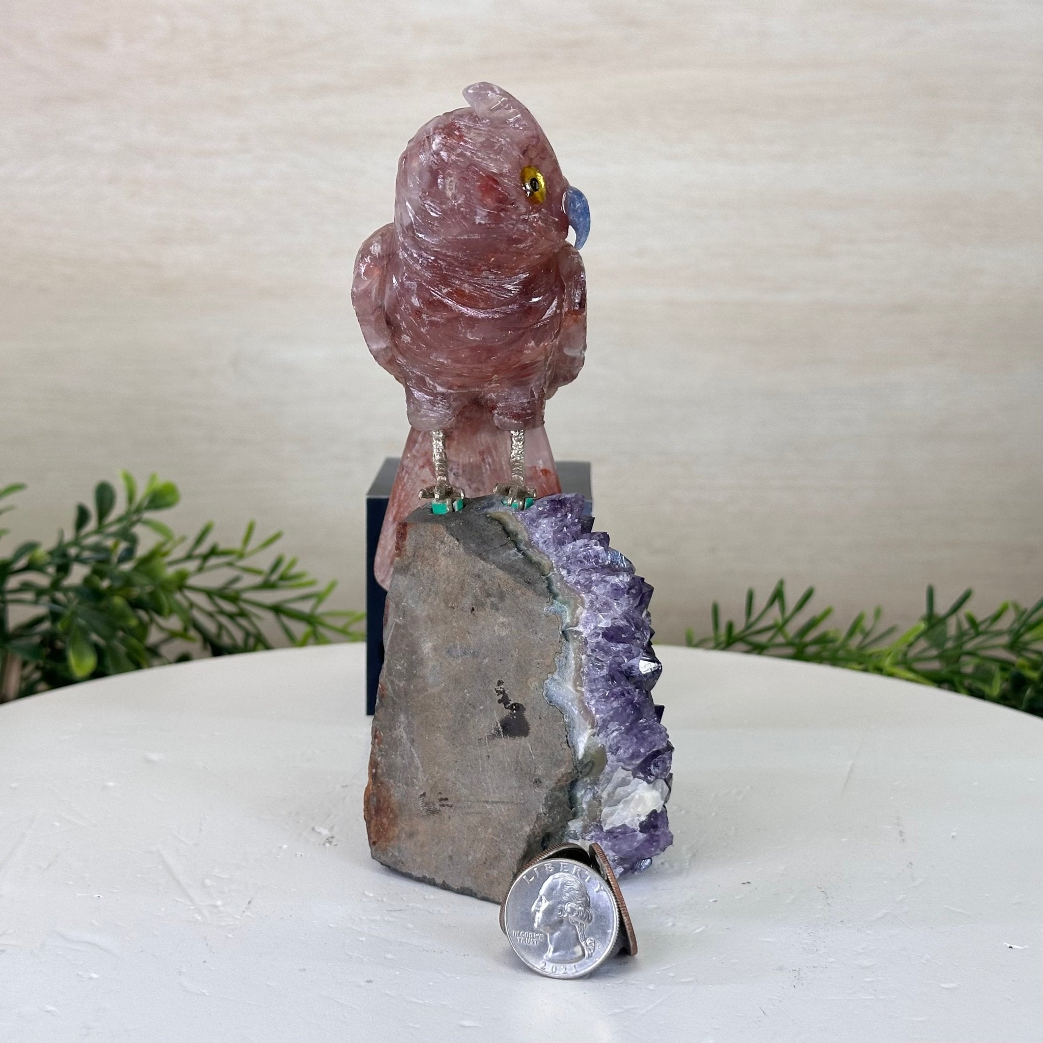 Large Hand - Carved Fire Quartz Owl w/ Amethyst Base, 7" Tall #3004 - FQOAM - 049 - Brazil GemsBrazil GemsLarge Hand - Carved Fire Quartz Owl w/ Amethyst Base, 7" Tall #3004 - FQOAM - 049Crystal Birds3004 - FQOAM - 049