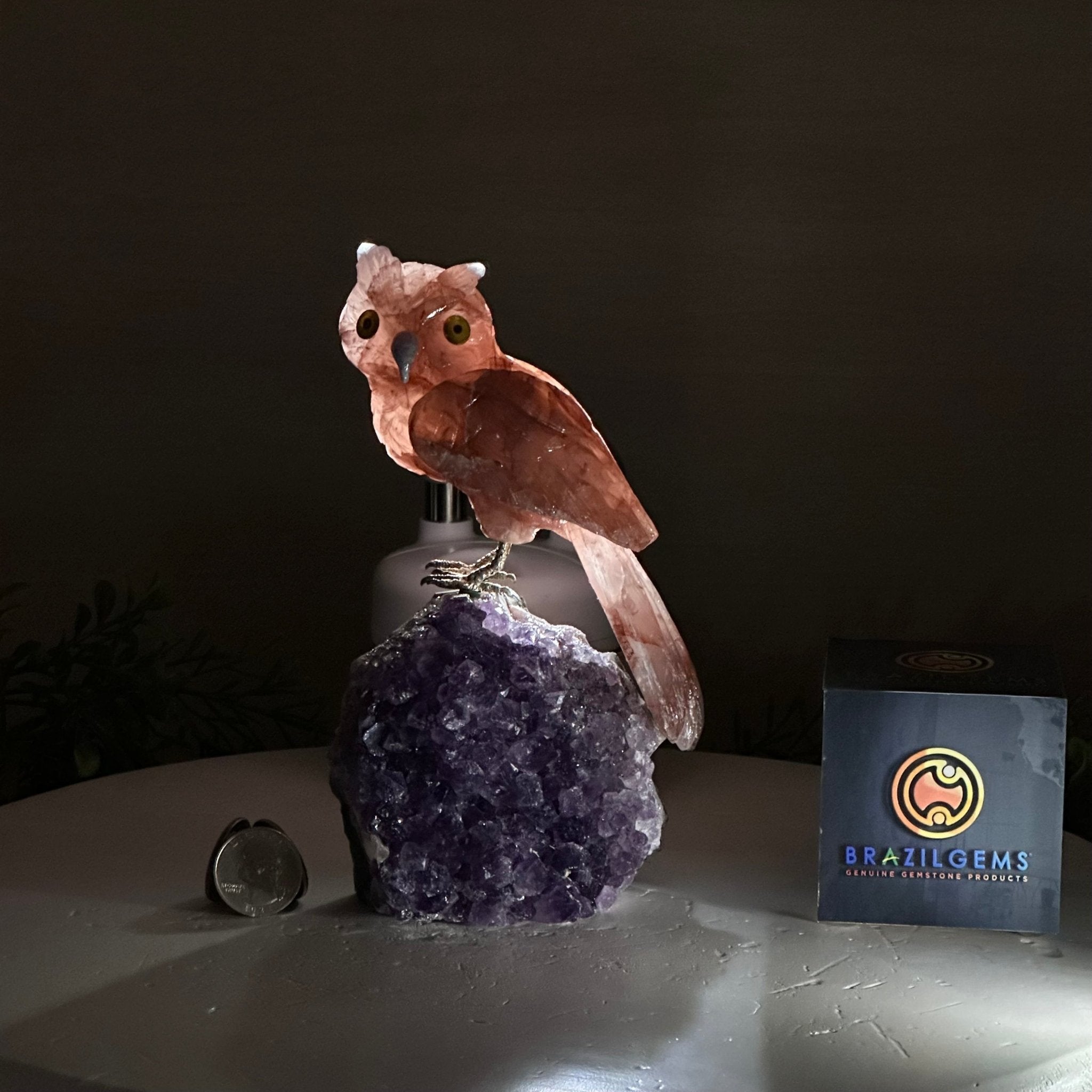 Large Hand - Carved Fire Quartz Owl w/ Amethyst Base, 7" Tall #3004 - FQOAM - 049 - Brazil GemsBrazil GemsLarge Hand - Carved Fire Quartz Owl w/ Amethyst Base, 7" Tall #3004 - FQOAM - 049Crystal Birds3004 - FQOAM - 049