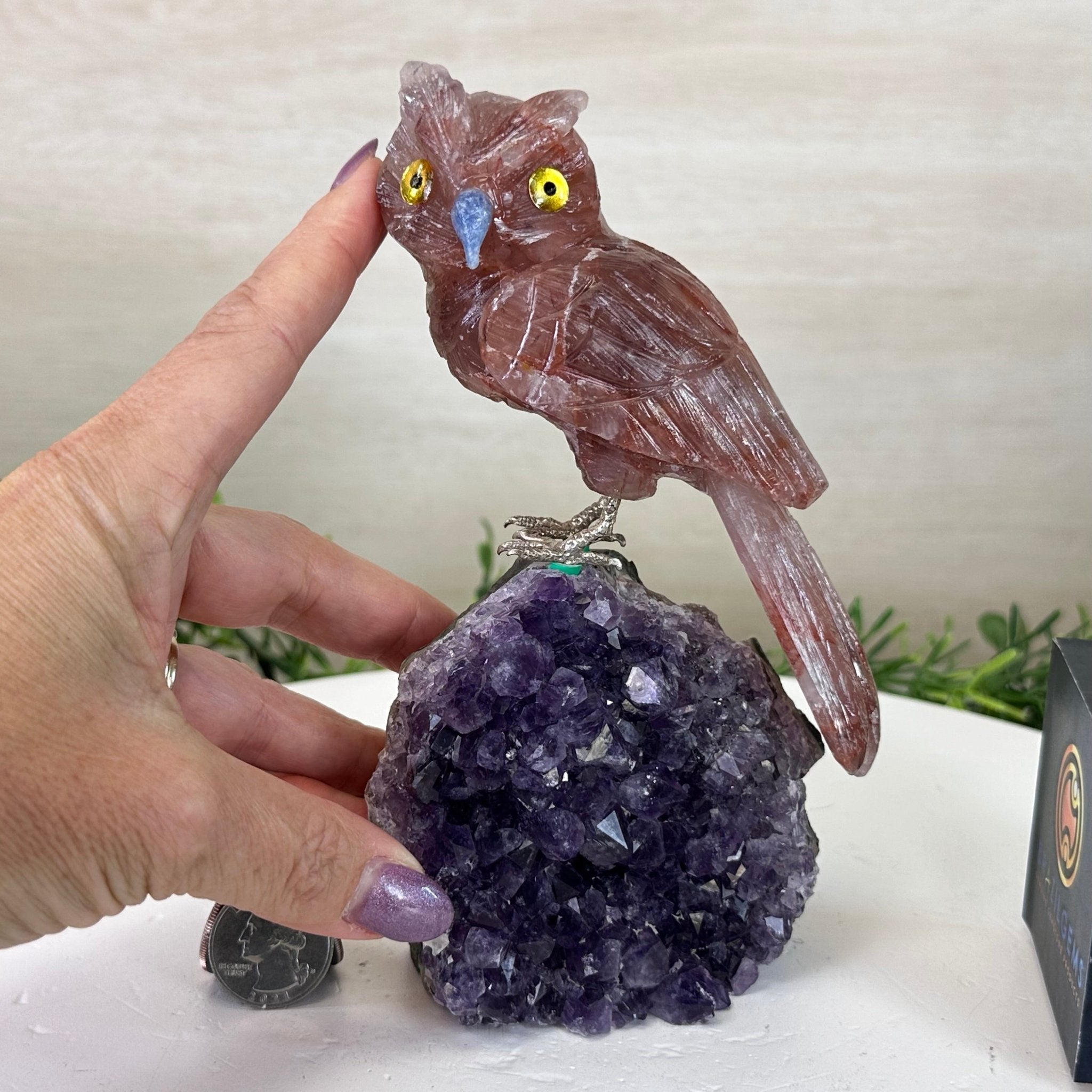 Large Hand - Carved Fire Quartz Owl w/ Amethyst Base, 7" Tall #3004 - FQOAM - 049 - Brazil GemsBrazil GemsLarge Hand - Carved Fire Quartz Owl w/ Amethyst Base, 7" Tall #3004 - FQOAM - 049Crystal Birds3004 - FQOAM - 049