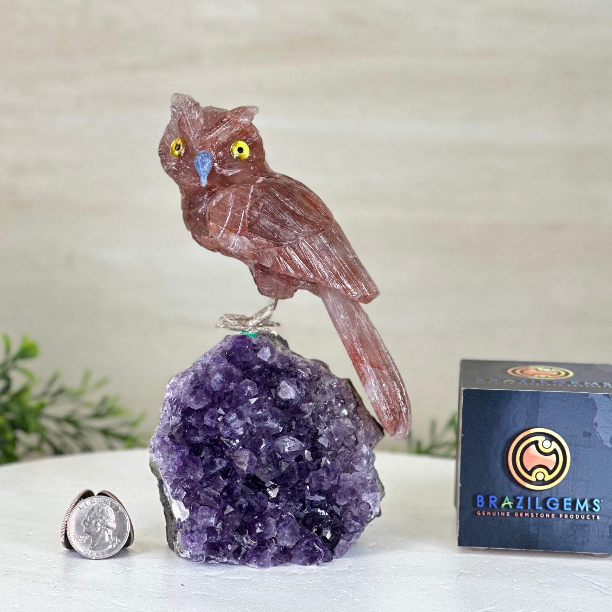 Large Hand - Carved Fire Quartz Owl w/ Amethyst Base, 7" Tall #3004 - FQOAM - 049 - Brazil GemsBrazil GemsLarge Hand - Carved Fire Quartz Owl w/ Amethyst Base, 7" Tall #3004 - FQOAM - 049Crystal Birds3004 - FQOAM - 049