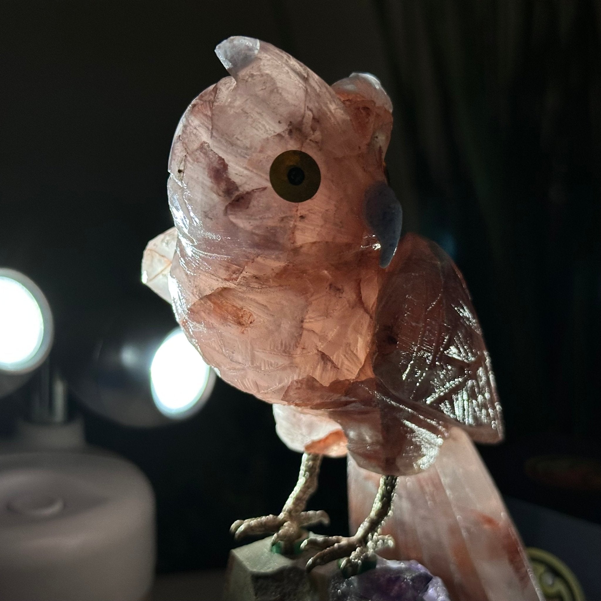 Large Hand - Carved Fire Quartz Owl w/ Amethyst Base, 7" Tall #3004 - FQOAM - 049 - Brazil GemsBrazil GemsLarge Hand - Carved Fire Quartz Owl w/ Amethyst Base, 7" Tall #3004 - FQOAM - 049Crystal Birds3004 - FQOAM - 049