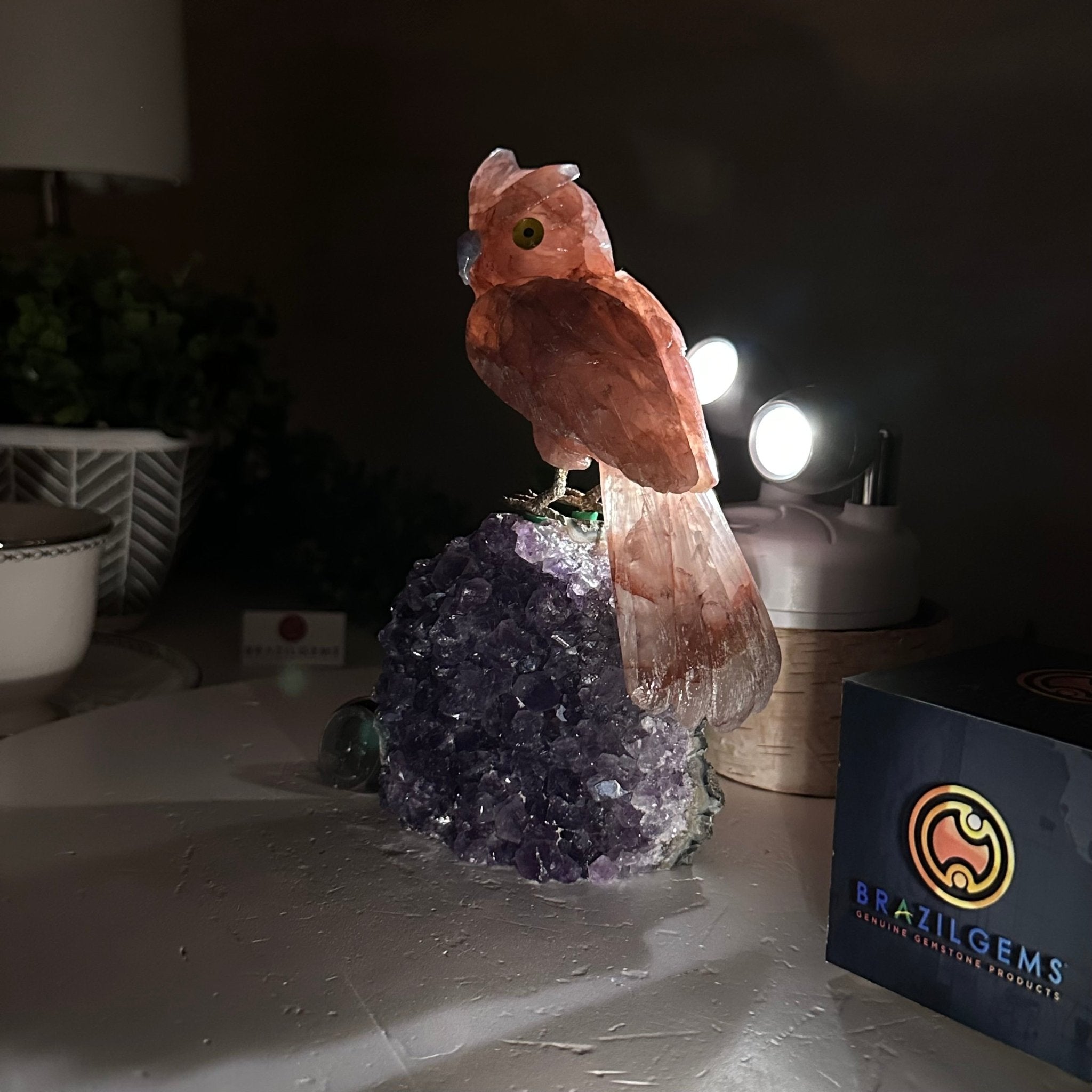 Large Hand - Carved Fire Quartz Owl w/ Amethyst Base, 7" Tall #3004 - FQOAM - 049 - Brazil GemsBrazil GemsLarge Hand - Carved Fire Quartz Owl w/ Amethyst Base, 7" Tall #3004 - FQOAM - 049Crystal Birds3004 - FQOAM - 049