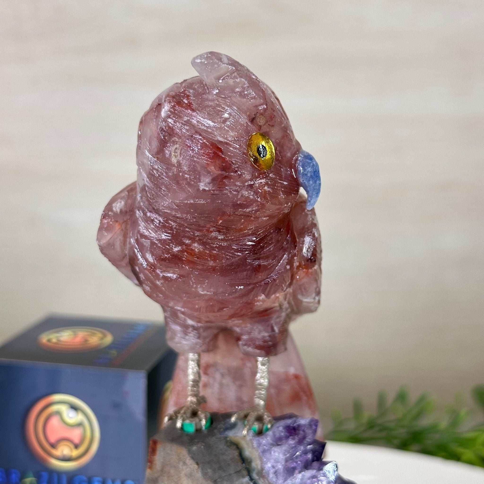 Large Hand - Carved Fire Quartz Owl w/ Amethyst Base, 7" Tall #3004 - FQOAM - 049 - Brazil GemsBrazil GemsLarge Hand - Carved Fire Quartz Owl w/ Amethyst Base, 7" Tall #3004 - FQOAM - 049Crystal Birds3004 - FQOAM - 049