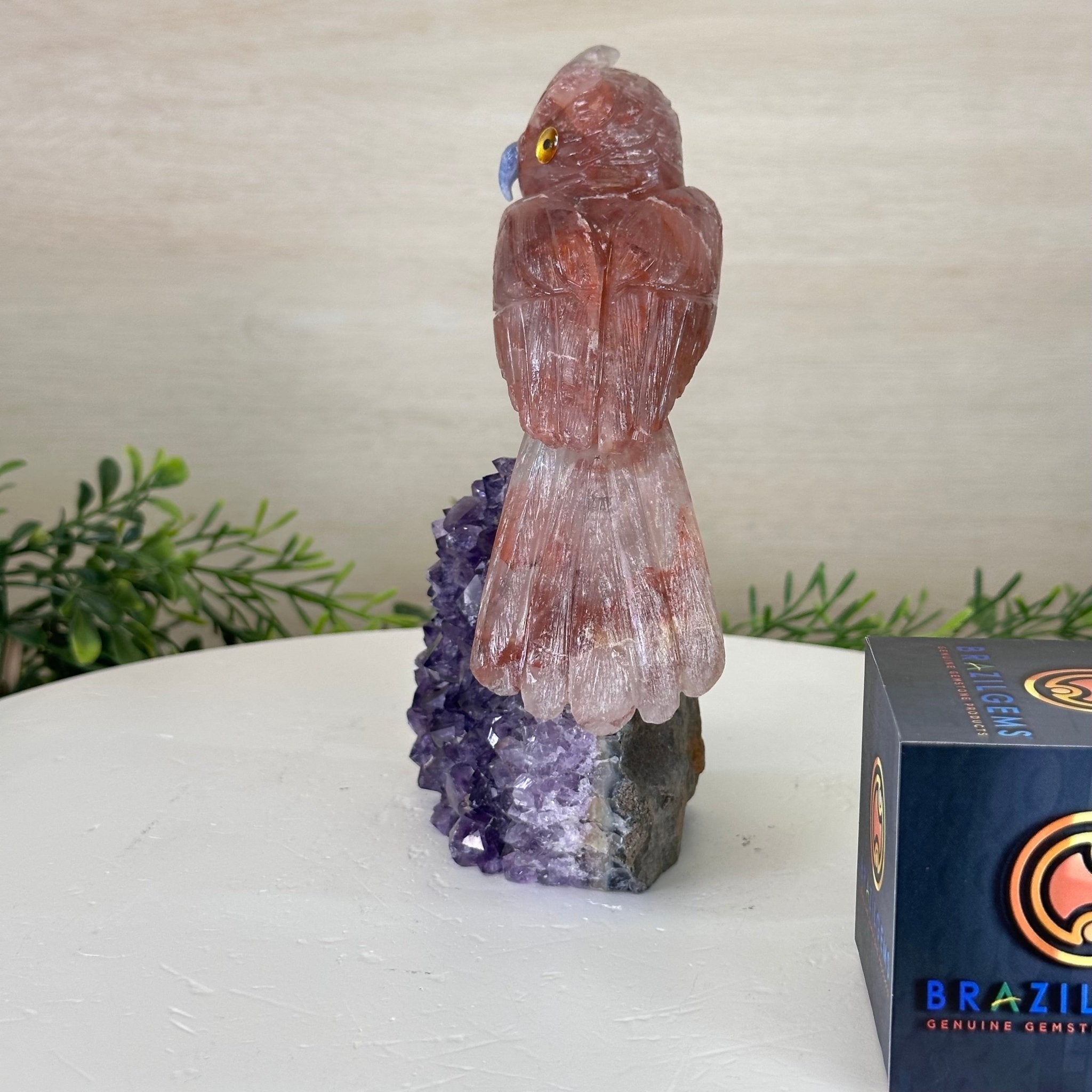 Large Hand - Carved Fire Quartz Owl w/ Amethyst Base, 7" Tall #3004 - FQOAM - 049 - Brazil GemsBrazil GemsLarge Hand - Carved Fire Quartz Owl w/ Amethyst Base, 7" Tall #3004 - FQOAM - 049Crystal Birds3004 - FQOAM - 049