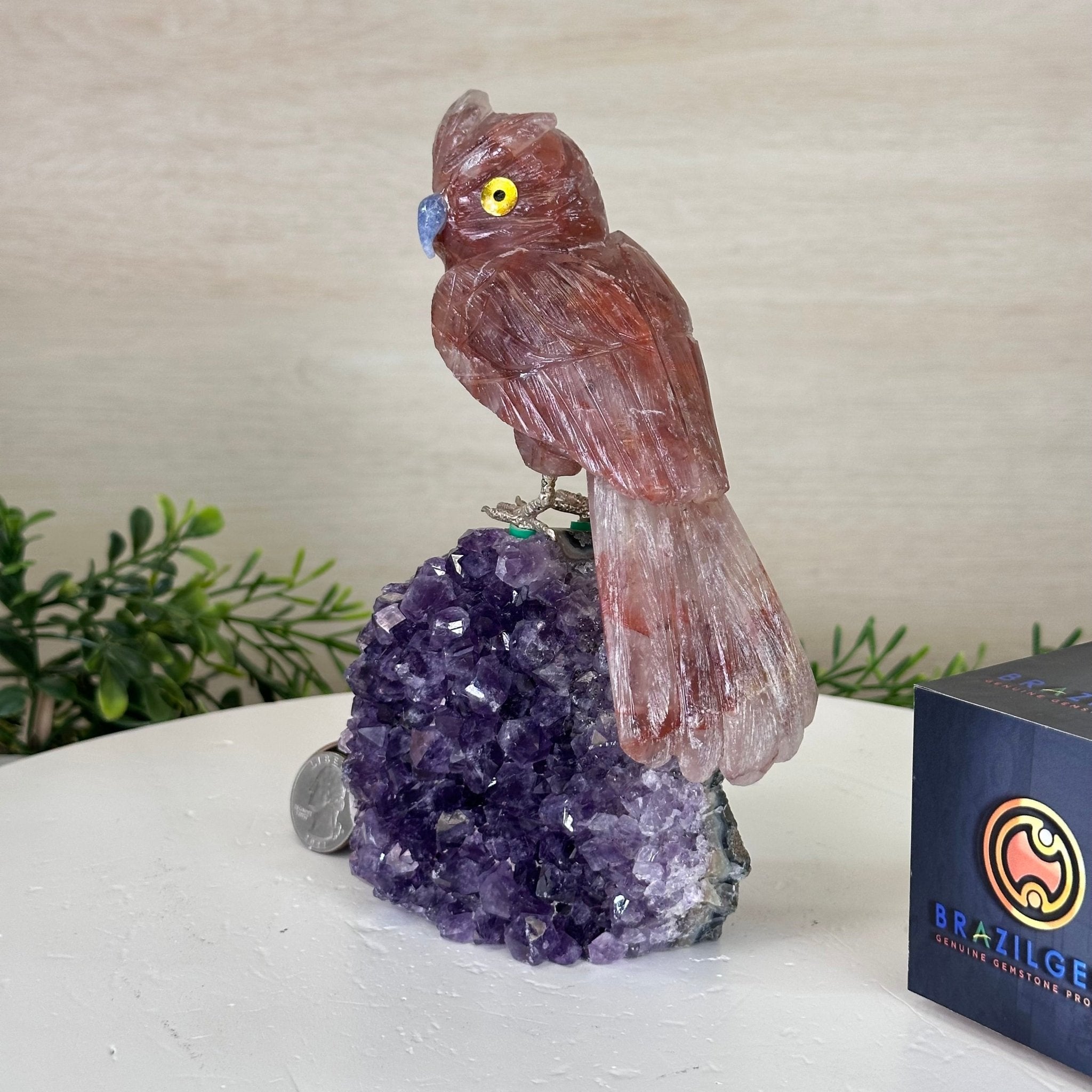 Large Hand - Carved Fire Quartz Owl w/ Amethyst Base, 7" Tall #3004 - FQOAM - 049 - Brazil GemsBrazil GemsLarge Hand - Carved Fire Quartz Owl w/ Amethyst Base, 7" Tall #3004 - FQOAM - 049Crystal Birds3004 - FQOAM - 049