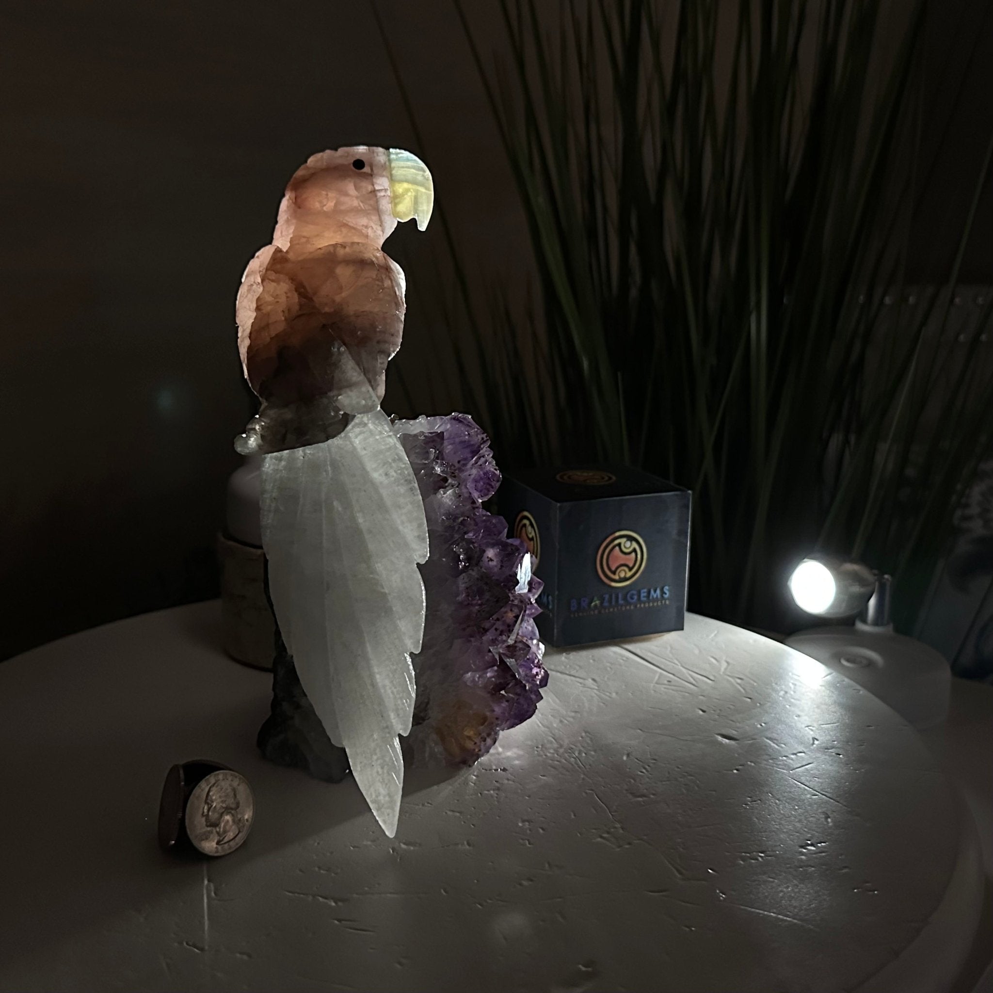 Large Hand - Carved Fire Quartz Parrot on an Amethyst Base, 8.1" Tall #3004 - FQPAM - 020 - Brazil GemsBrazil GemsLarge Hand - Carved Fire Quartz Parrot on an Amethyst Base, 8.1" Tall #3004 - FQPAM - 020Crystal Birds3004 - FQPAM - 020