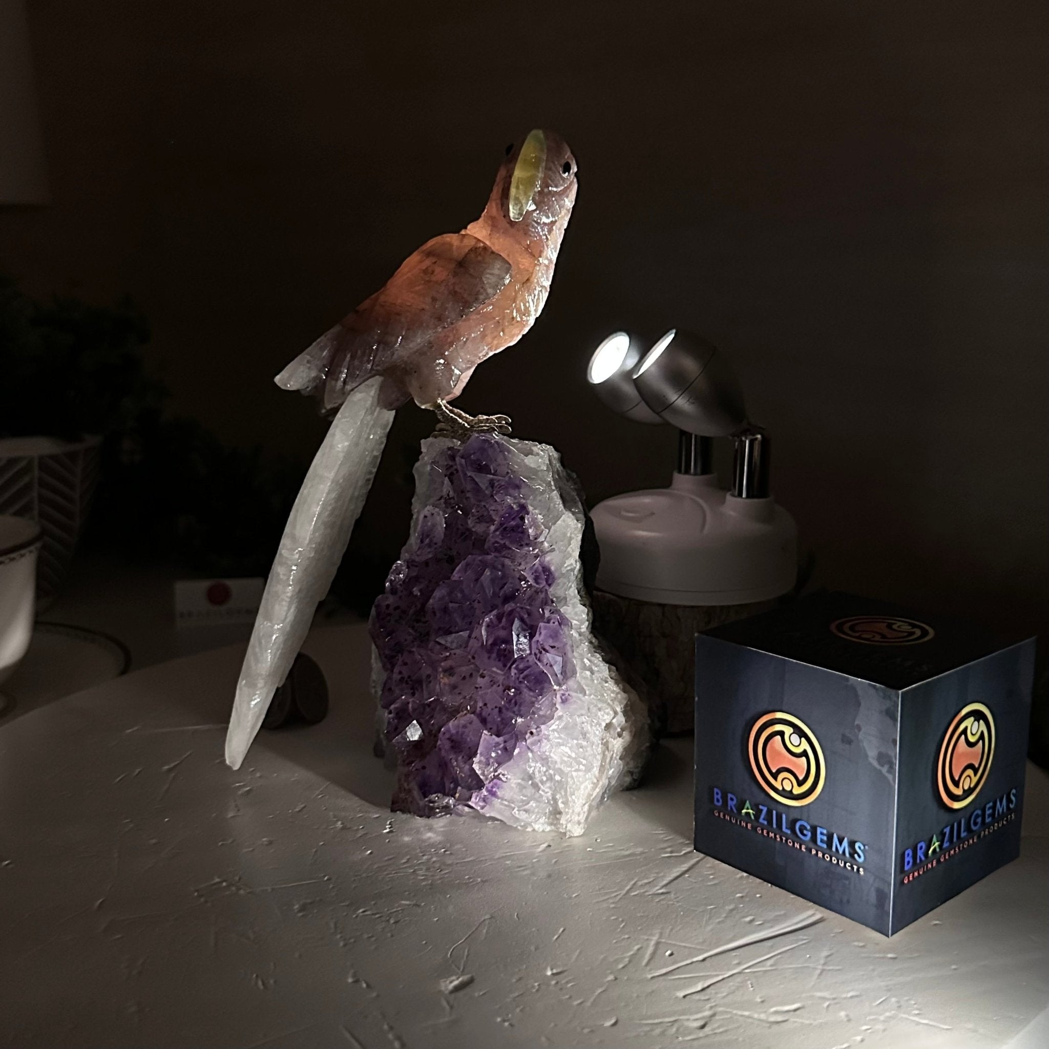 Large Hand - Carved Fire Quartz Parrot on an Amethyst Base, 8.1" Tall #3004 - FQPAM - 020 - Brazil GemsBrazil GemsLarge Hand - Carved Fire Quartz Parrot on an Amethyst Base, 8.1" Tall #3004 - FQPAM - 020Crystal Birds3004 - FQPAM - 020